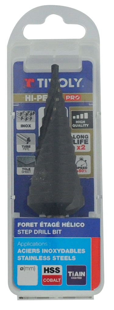Foret conique étagé HSS-E5 -Revêtu TiAlN -TivolyNorm -Hélicoïdal -Pointe en croix -Queue à 3 méplats / ØMin/Max : 4/30 TIVOLY - 11448720430