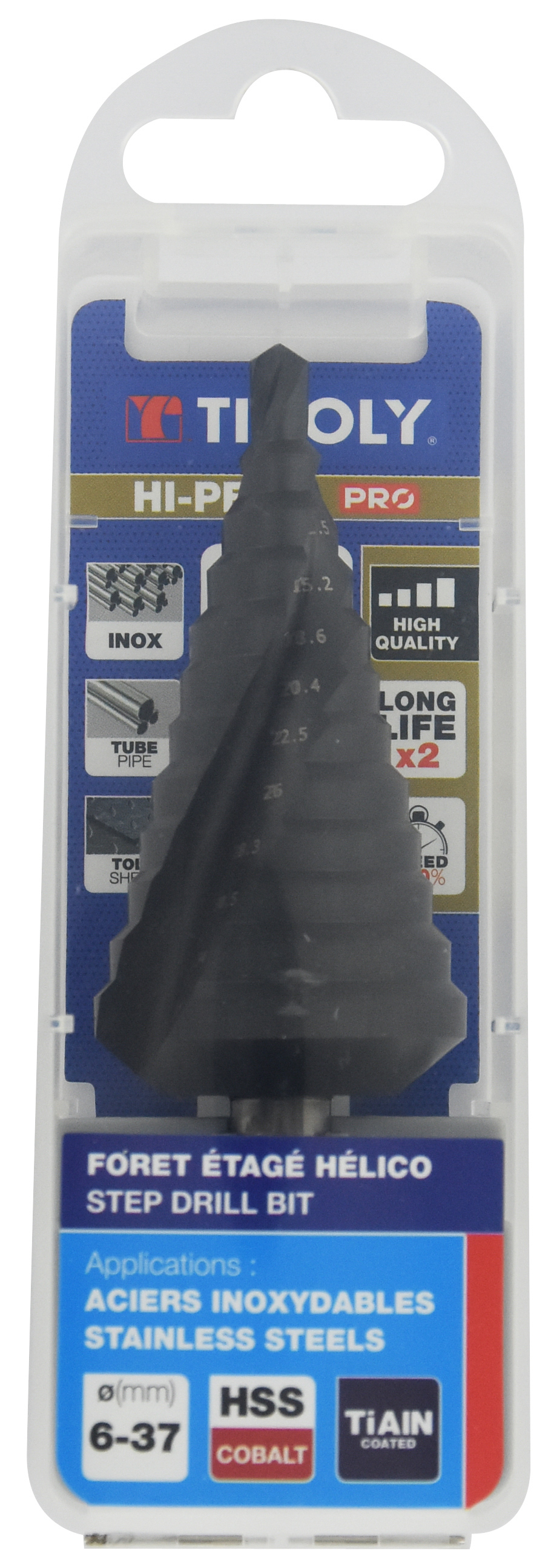 Foret conique étagé HSS-E5 -Revêtu TiAlN -TivolyNorm -Hélicoïdal -Pointe en croix -Queue à 3 méplats / ØMin/Max : 6/37 TIVOLY - 11448720637