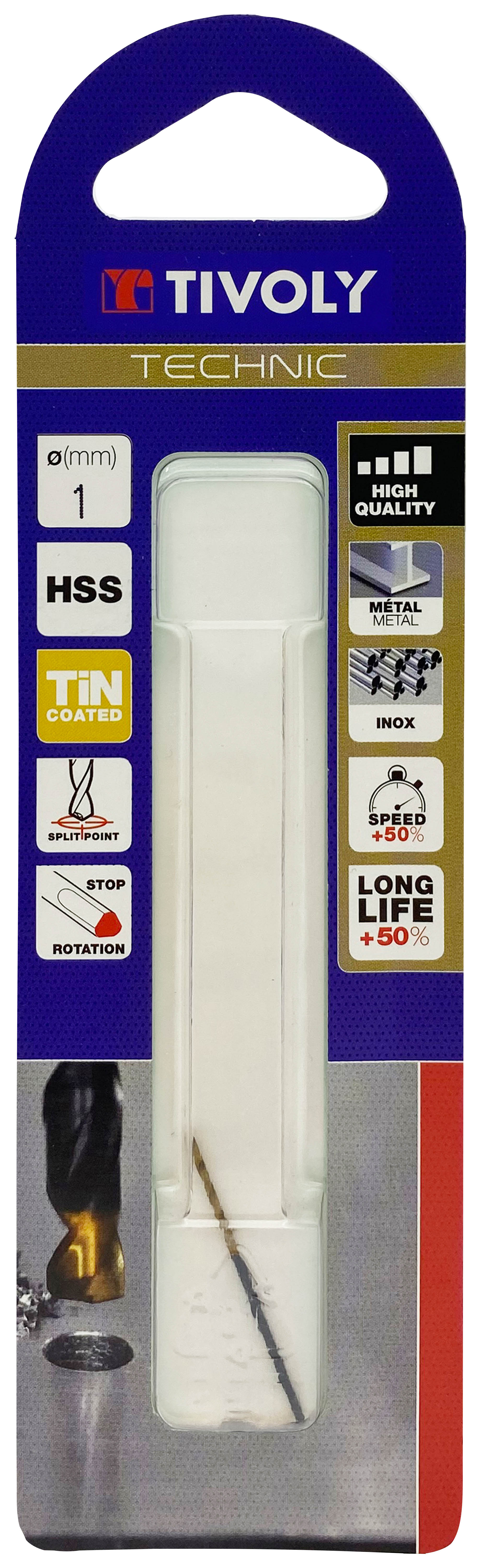 Foret métaux taillé meulé HSS -Revêtu en bout TiN -DIN338 -h8 -Pointe en croix -Queue à 3 méplats Ø: 1 L: 34 TIVOLY - 11453120100