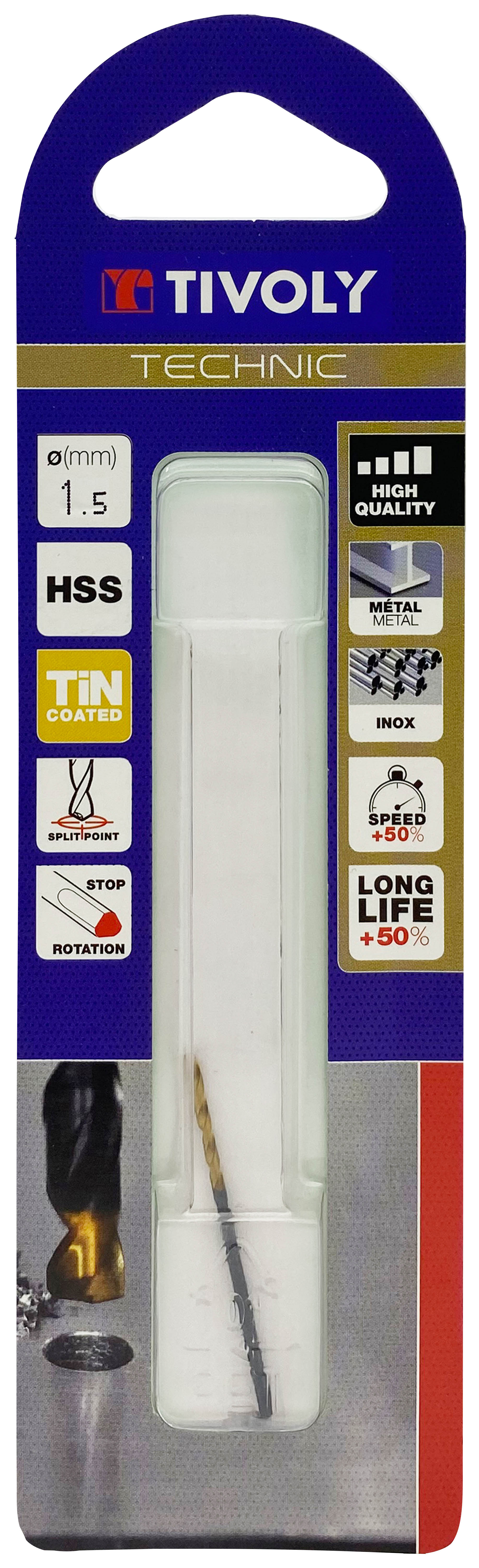 Foret métaux taillé meulé HSS -Revêtu en bout TiN -DIN338 -h8 -Pointe en croix -Queue à 3 méplats Ø: 1.5 L: 40 TIVOLY - 11453120150