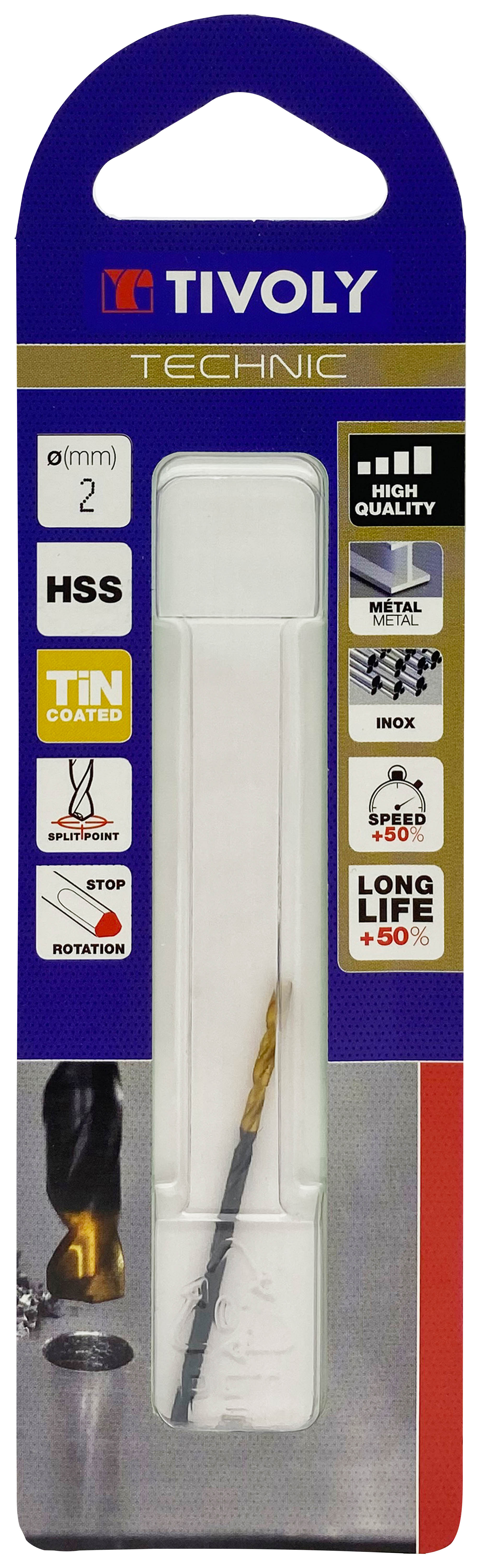 Foret métaux taillé meulé HSS -Revêtu en bout TiN -DIN338 -h8 -Pointe en croix -Queue à 3 méplats Ø: 2 L: 49 TIVOLY - 11453120200