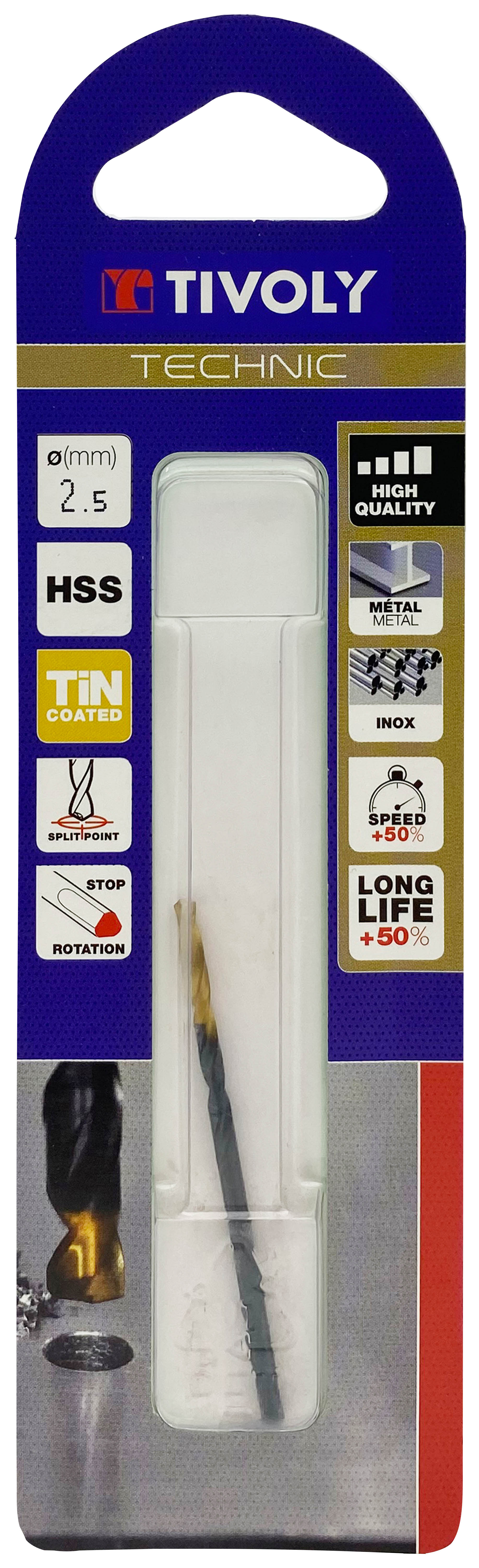 Foret métaux taillé meulé HSS -Revêtu en bout TiN -DIN338 -h8 -Pointe en croix -Queue à 3 méplats Ø: 2.5 L: 57 TIVOLY - 11453120250