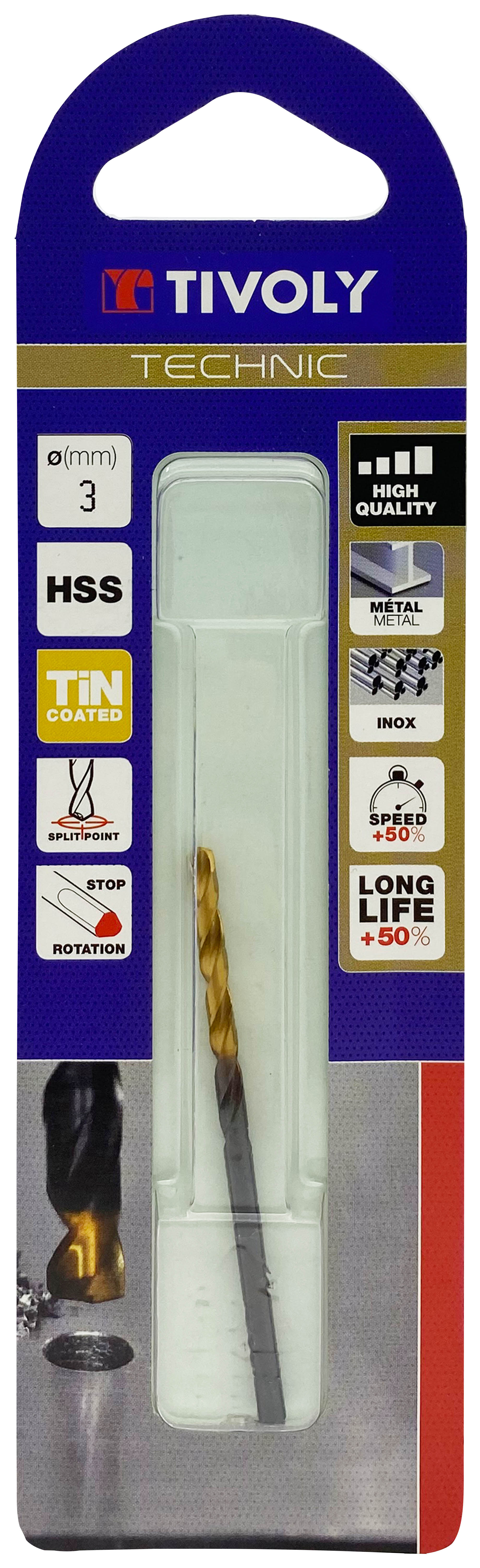 Foret métaux taillé meulé HSS -Revêtu en bout TiN -DIN338 -h8 -Pointe en croix -Queue à 3 méplats Ø: 3 L: 61 TIVOLY - 11453120300