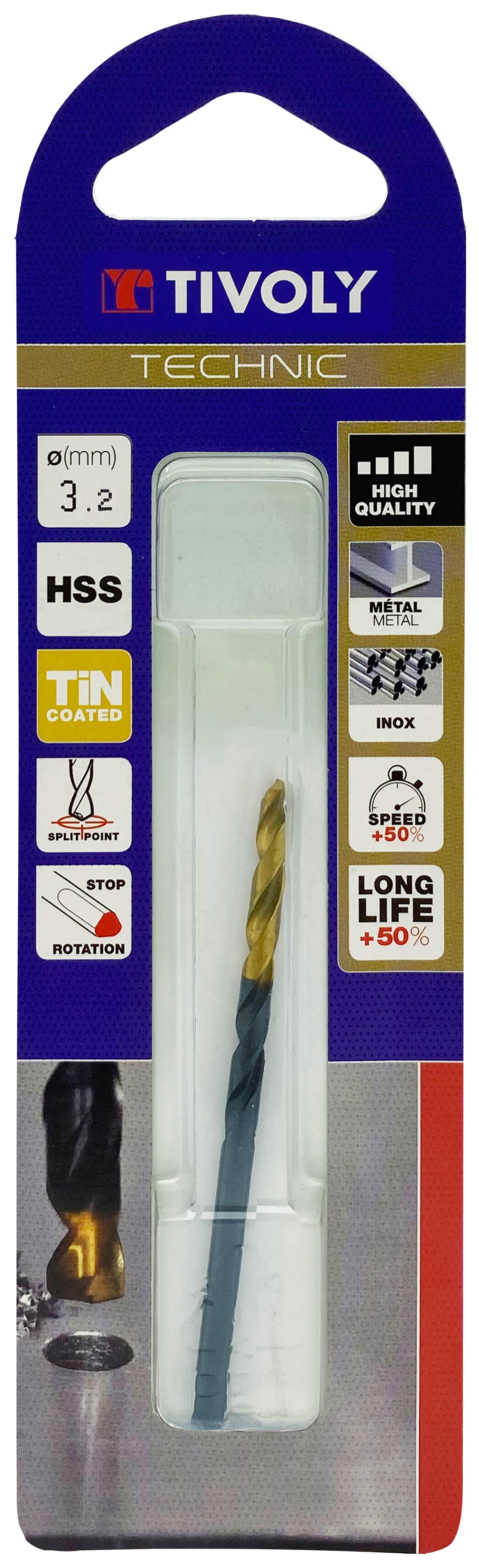 Foret métaux taillé meulé HSS -Revêtu en bout TiN -DIN338 -h8 -Pointe en croix -Queue à 3 méplats Ø: 3.2 L: 65 TIVOLY - 11453120320