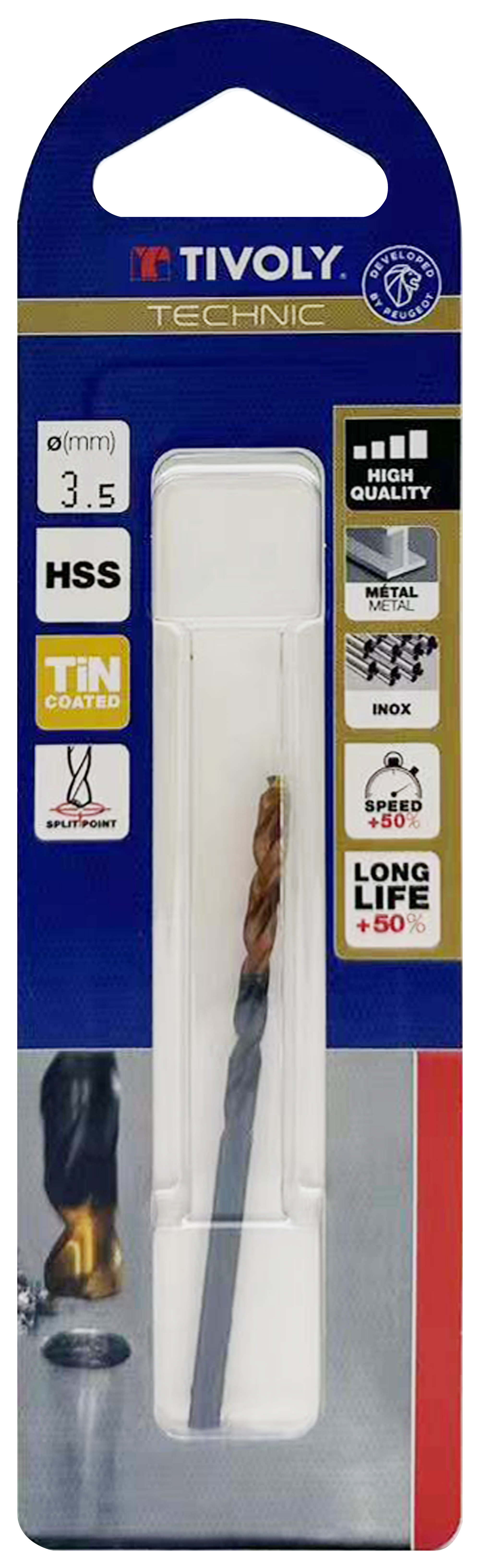 Foret métaux taillé meulé HSS -Revêtu en bout TiN -DIN338 -h8 -Pointe en croix -Queue à 3 méplats Ø: 3.5 L: 70 TIVOLY - 11453120350