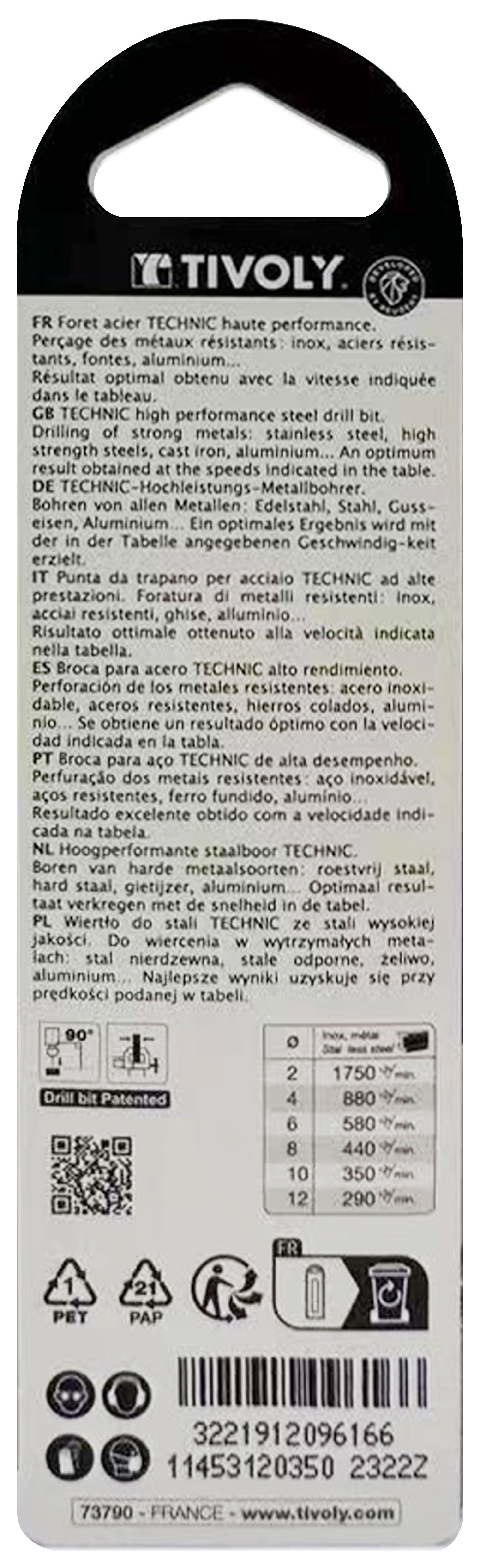 Foret métaux taillé meulé HSS -Revêtu en bout TiN -DIN338 -h8 -Pointe en croix -Queue à 3 méplats Ø: 3.5 L: 70 TIVOLY - 11453120350