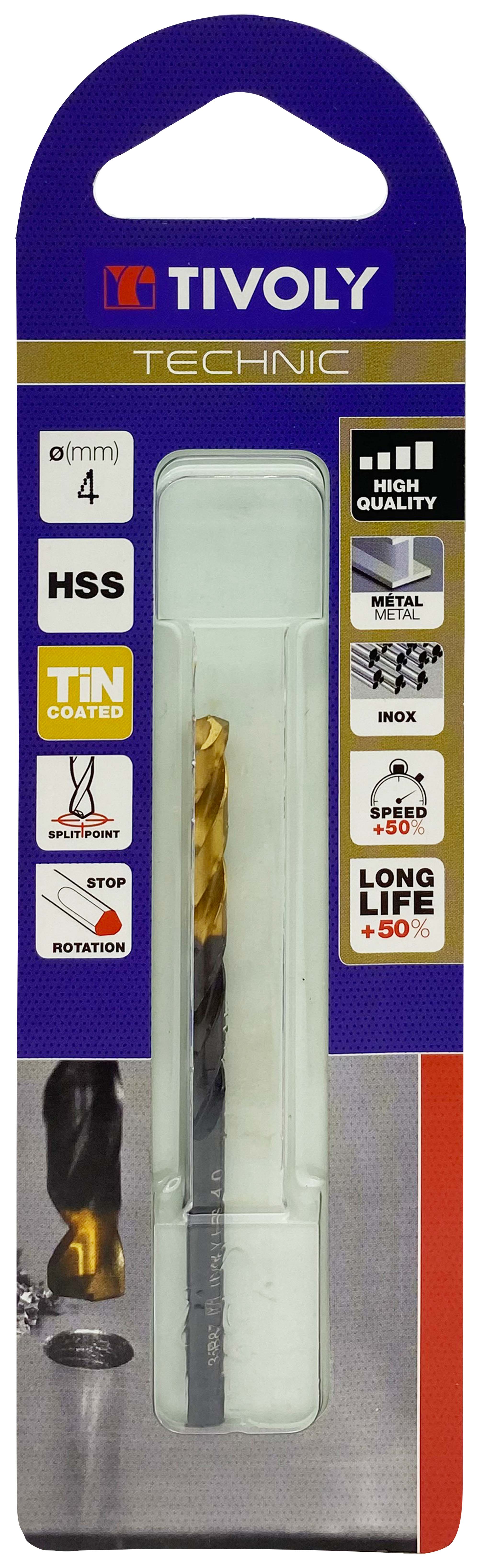 Foret métaux taillé meulé HSS -Revêtu en bout TiN -DIN338 -h8 -Pointe en croix -Queue à 3 méplats Ø: 4 L: 75 TIVOLY - 11453120400