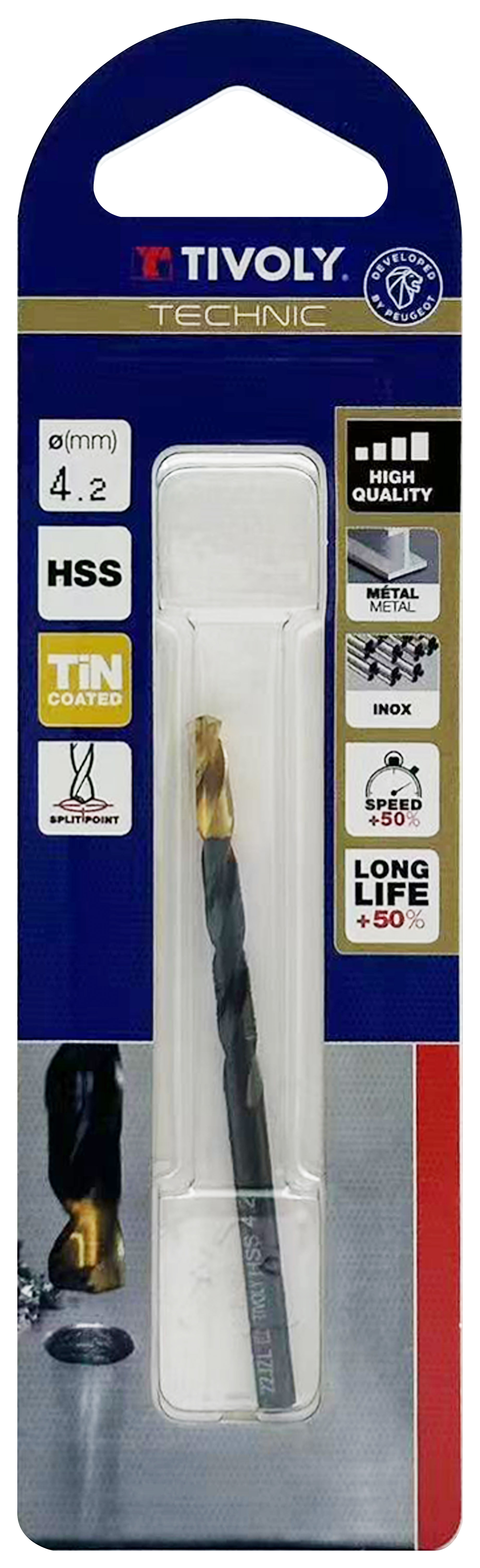 Foret métaux taillé meulé HSS -Revêtu en bout TiN -DIN338 -h8 -Pointe en croix -Queue à 3 méplats Ø: 4.2 L: 75 TIVOLY - 11453120420