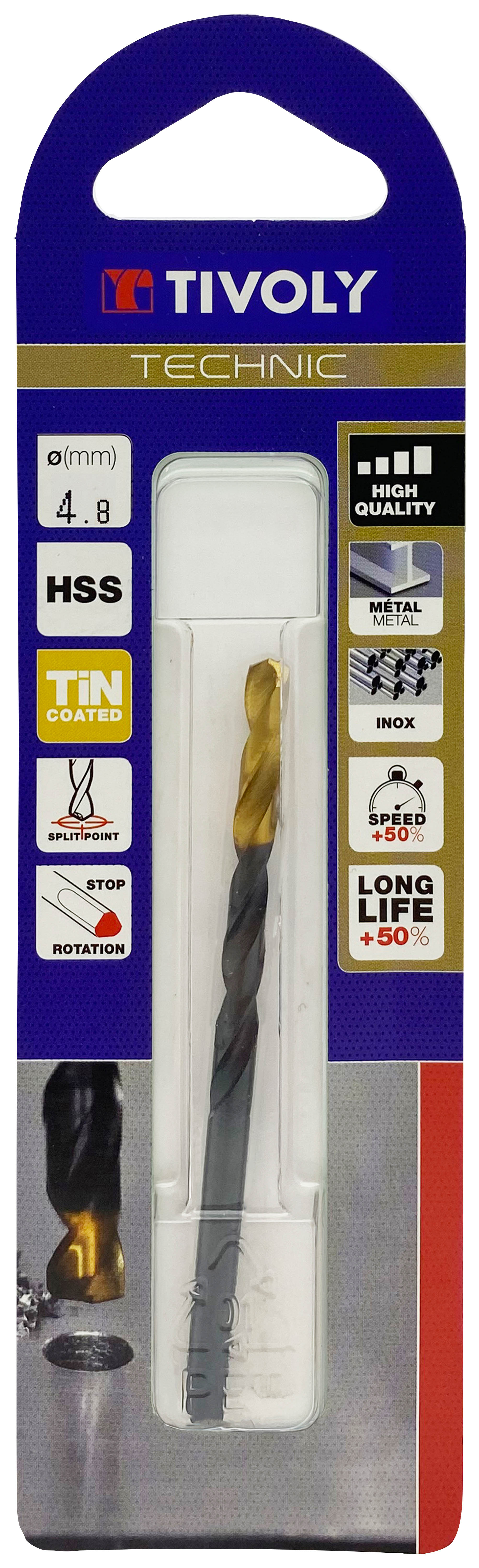 Foret métaux taillé meulé HSS -Revêtu en bout TiN -DIN338 -h8 -Pointe en croix -Queue à 3 méplats Ø: 4.8 L: 86 TIVOLY - 11453120480
