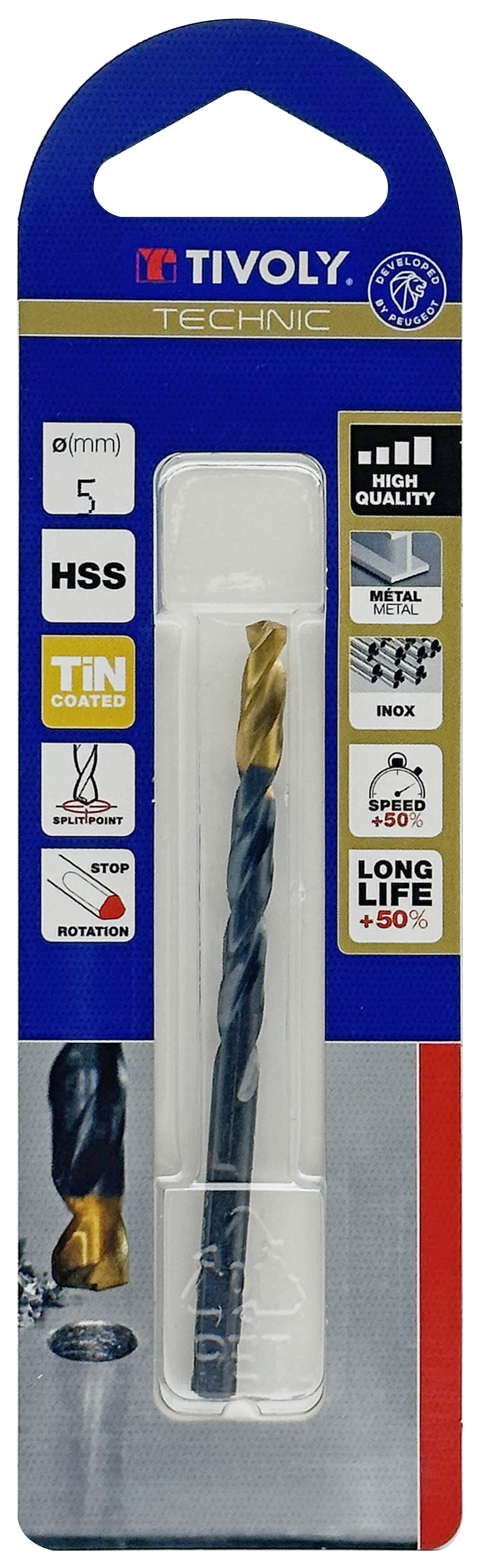 Foret métaux taillé meulé HSS -Revêtu en bout TiN -DIN338 -h8 -Pointe en croix -Queue à 3 méplats Ø: 5 L: 86 TIVOLY - 11453120500