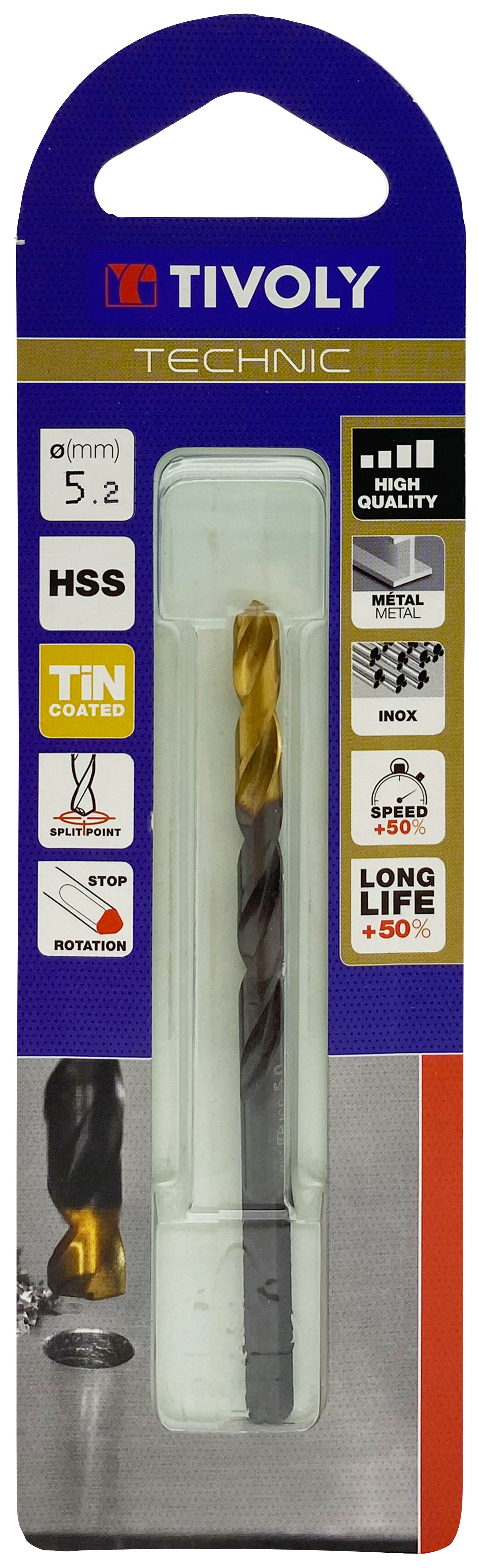 Foret métaux taillé meulé HSS -Revêtu en bout TiN -DIN338 -h8 -Pointe en croix -Queue à 3 méplats Ø: 5.2 L: 86 TIVOLY - 11453120520