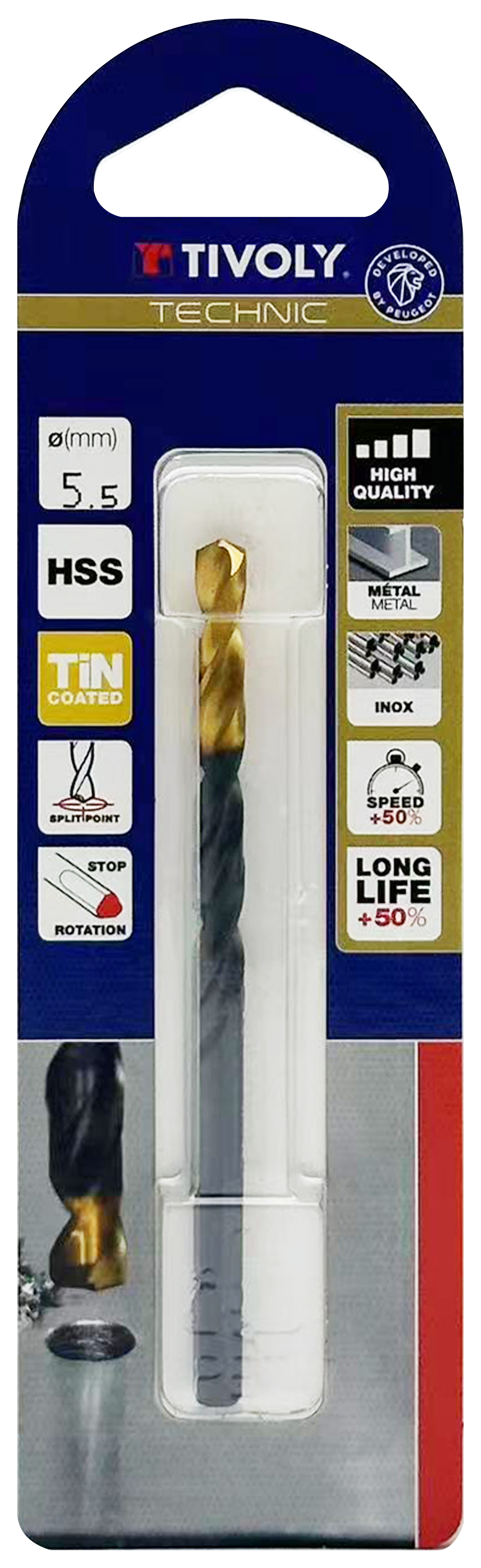 Foret métaux taillé meulé HSS -Revêtu en bout TiN -DIN338 -h8 -Pointe en croix -Queue à 3 méplats Ø: 5.5 L: 93 TIVOLY - 11453120550