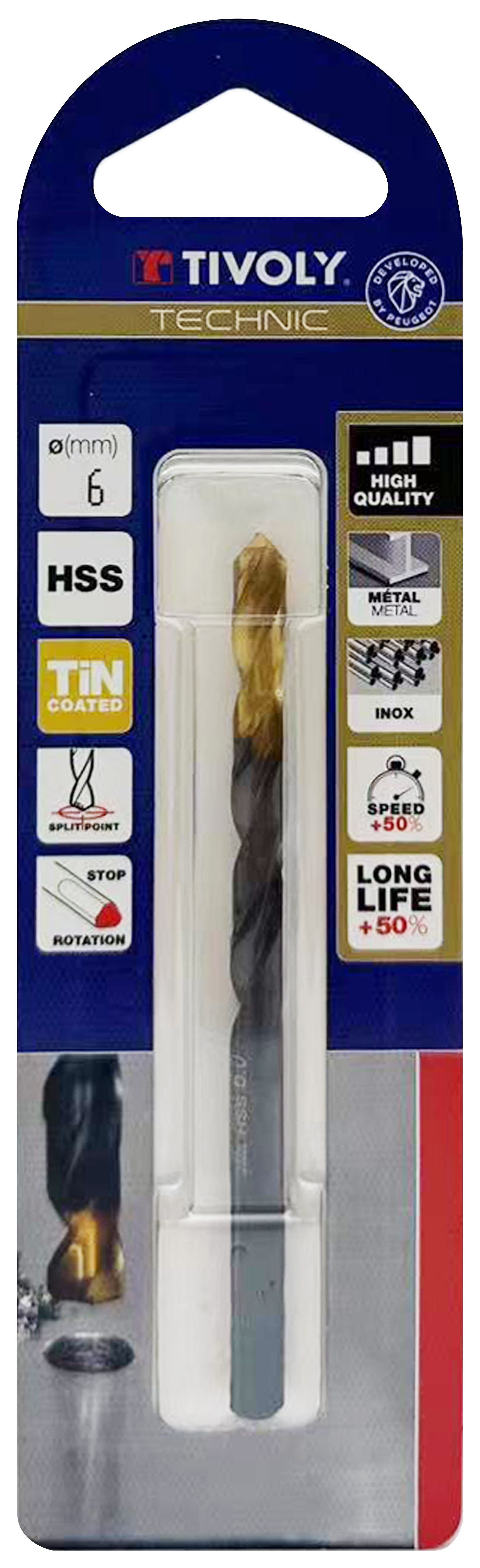 Foret métaux taillé meulé HSS -Revêtu en bout TiN -DIN338 -h8 -Pointe en croix -Queue à 3 méplats Ø: 6 L: 93 TIVOLY - 11453120600