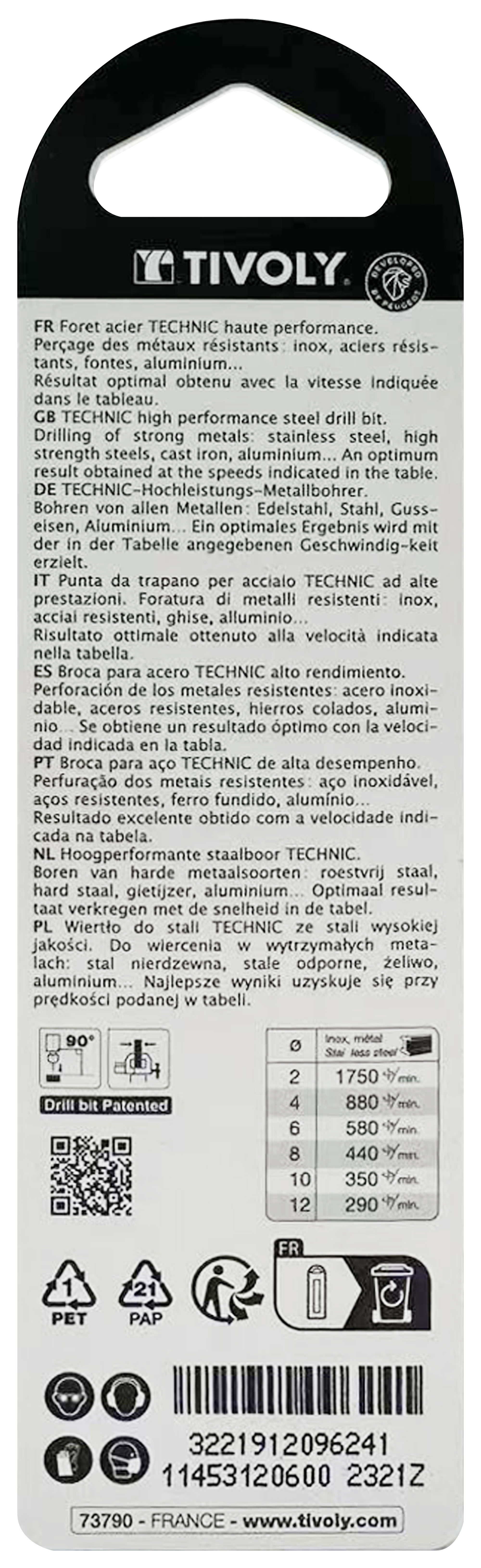 Foret métaux taillé meulé HSS -Revêtu en bout TiN -DIN338 -h8 -Pointe en croix -Queue à 3 méplats Ø: 6 L: 93 TIVOLY - 11453120600