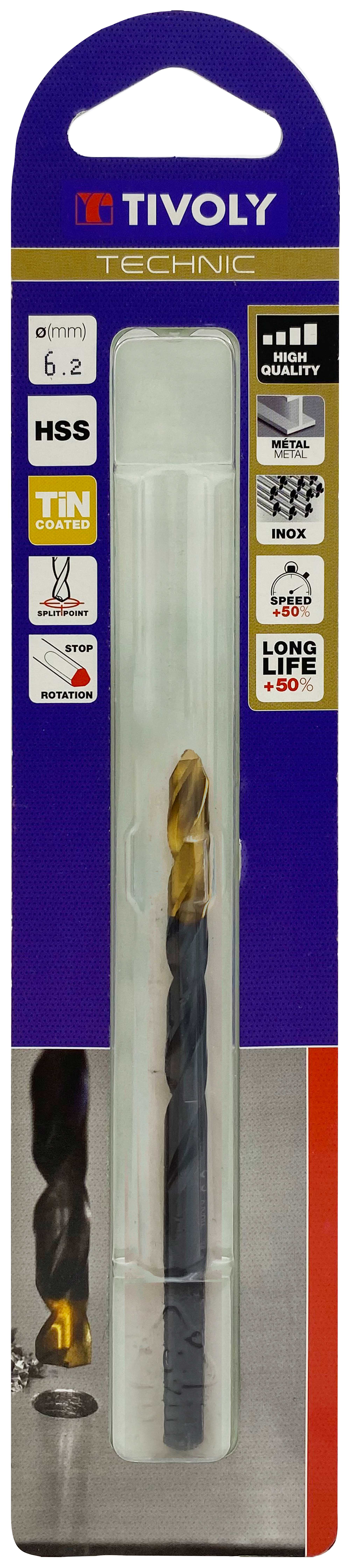 Foret métaux taillé meulé HSS -Revêtu en bout TiN -DIN338 -h8 -Pointe en croix -Queue à 3 méplats Ø: 6.2 L: 101 TIVOLY - 11453120620