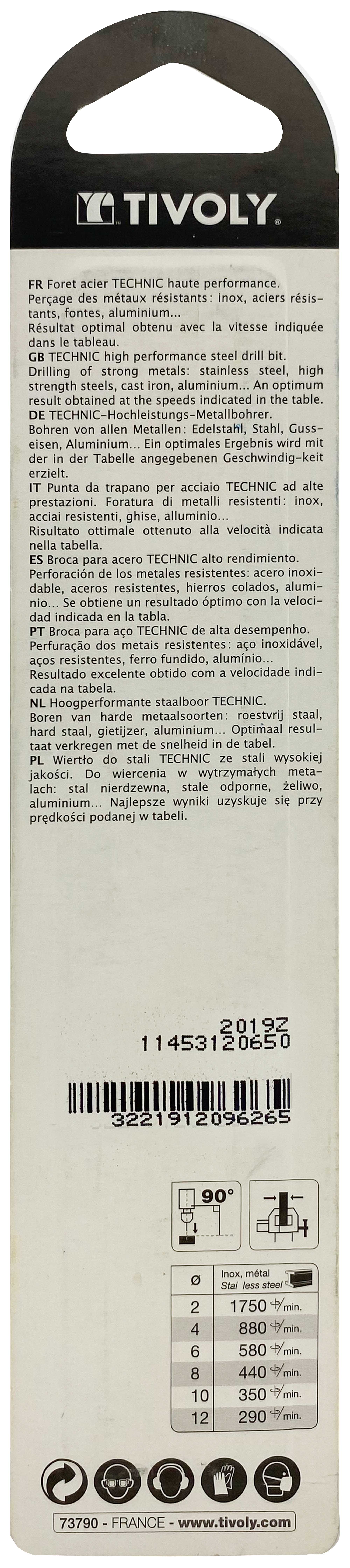 Foret métaux taillé meulé HSS -Revêtu en bout TiN -DIN338 -h8 -Pointe en croix -Queue à 3 méplats Ø: 6.5 L: 101 TIVOLY - 11453120650