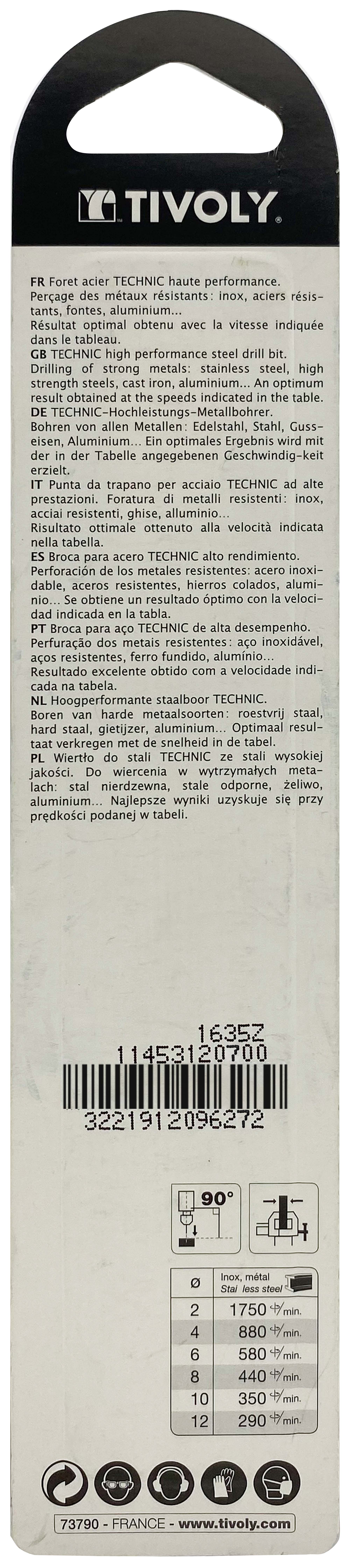 Foret métaux taillé meulé HSS -Revêtu en bout TiN -DIN338 -h8 -Pointe en croix -Queue à 3 méplats Ø: 7 L: 109 TIVOLY - 11453120700