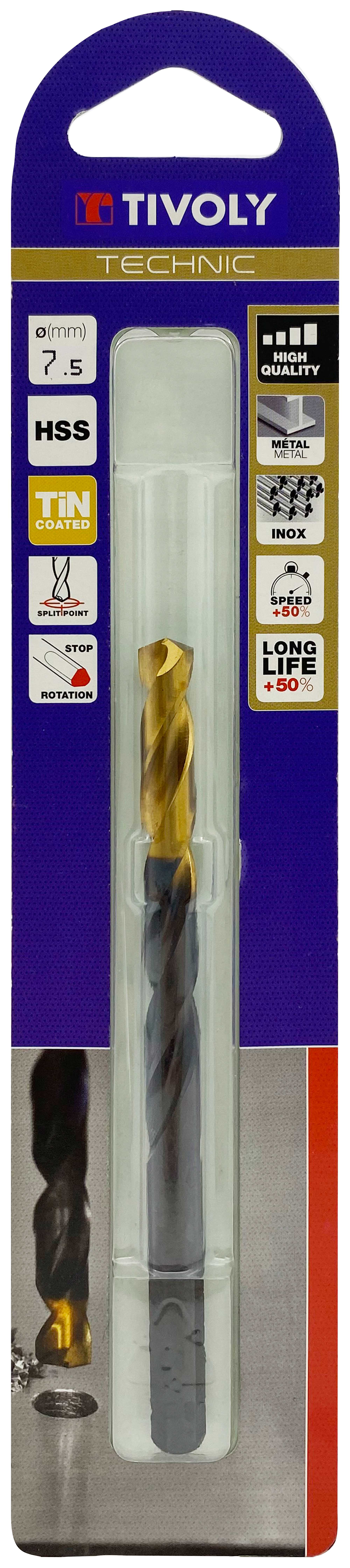 Foret métaux taillé meulé HSS -Revêtu en bout TiN -DIN338 -h8 -Pointe en croix -Queue à 3 méplats Ø: 7.5 L: 109 TIVOLY - 11453120750