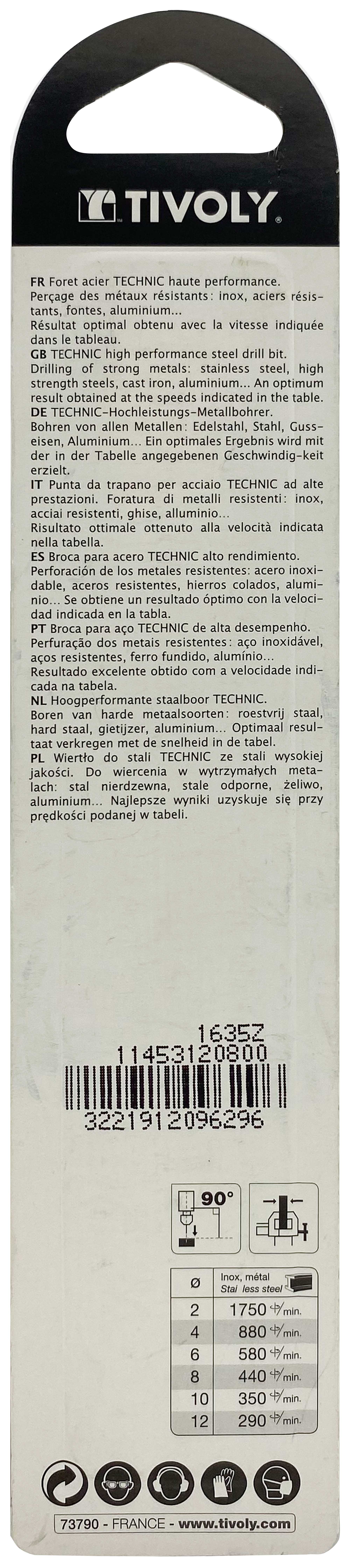 Foret métaux taillé meulé HSS -Revêtu en bout TiN -DIN338 -h8 -Pointe en croix -Queue à 3 méplats Ø: 8 L: 117 TIVOLY - 11453120800