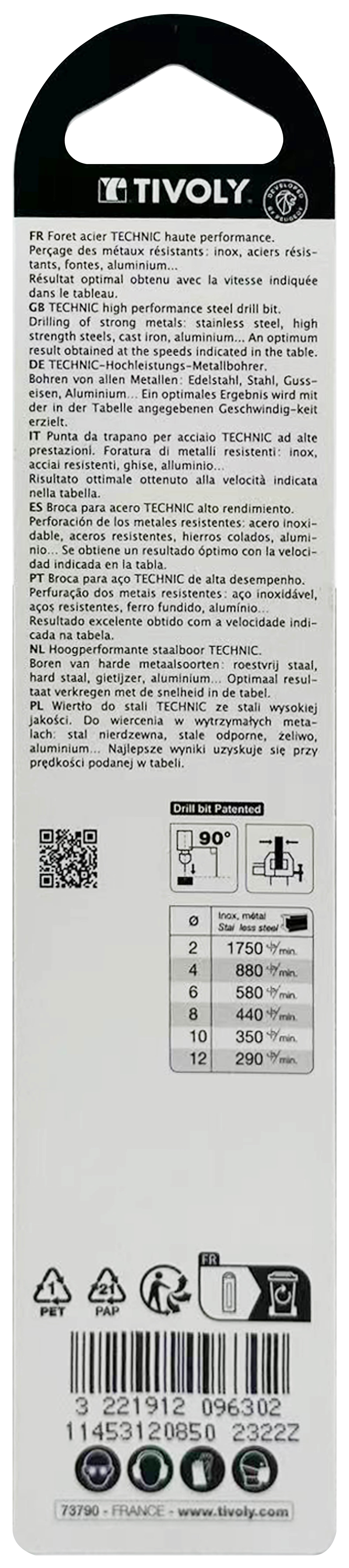 Foret métaux taillé meulé HSS -Revêtu en bout TiN -DIN338 -h8 -Pointe en croix -Queue à 3 méplats Ø: 8.5 L: 117 TIVOLY - 11453120850