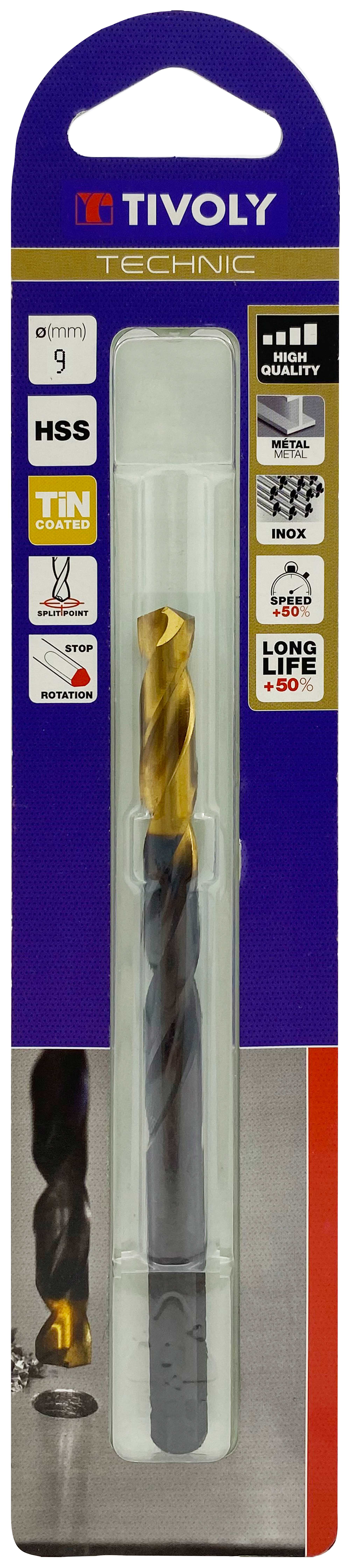 Foret métaux taillé meulé HSS -Revêtu en bout TiN -DIN338 -h8 -Pointe en croix -Queue à 3 méplats Ø: 9 L: 125 TIVOLY - 11453120900