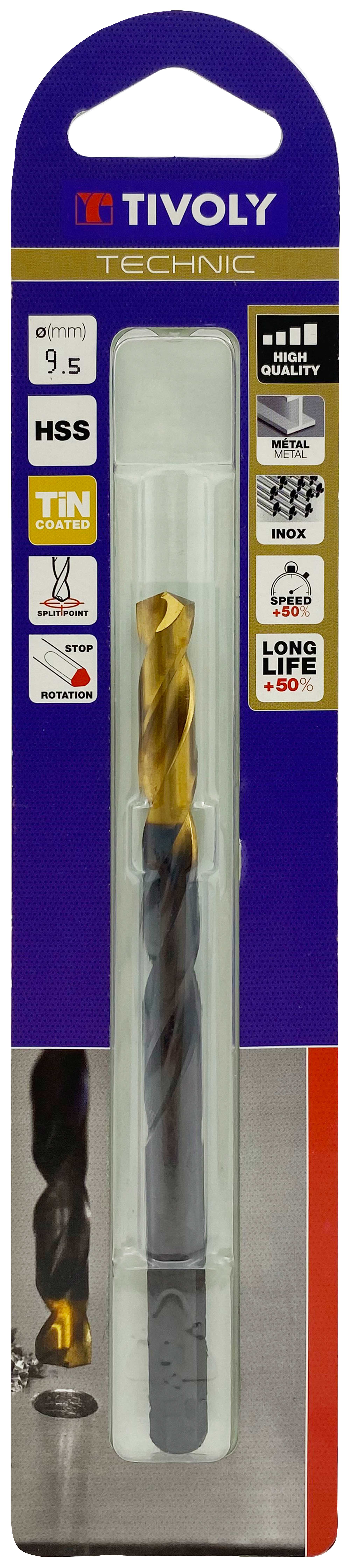 Foret métaux taillé meulé HSS -Revêtu en bout TiN -DIN338 -h8 -Pointe en croix -Queue à 3 méplats Ø: 9.5 L: 125 TIVOLY - 11453120950