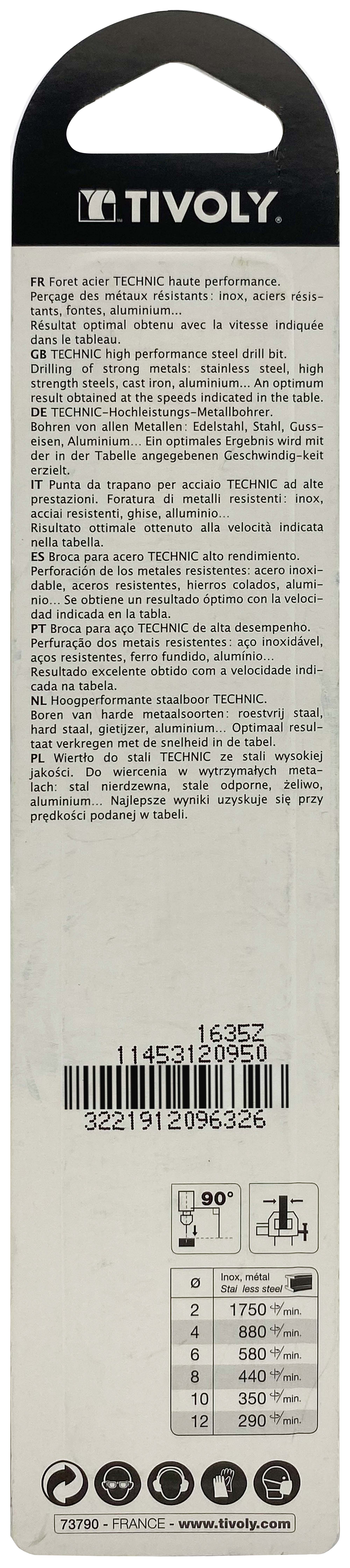 Foret métaux taillé meulé HSS -Revêtu en bout TiN -DIN338 -h8 -Pointe en croix -Queue à 3 méplats Ø: 9.5 L: 125 TIVOLY - 11453120950