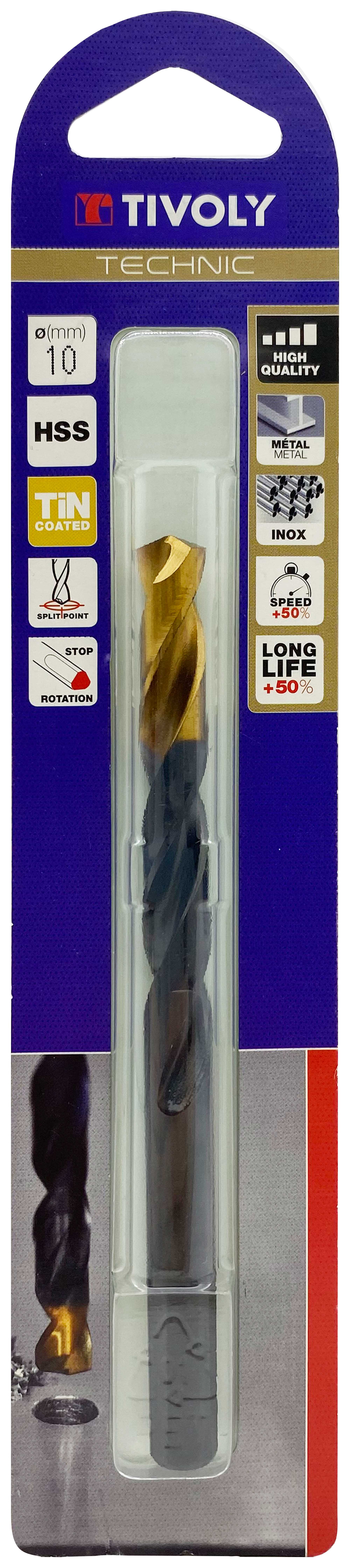 Foret métaux taillé meulé HSS -Revêtu en bout TiN -DIN338 -h8 -Pointe en croix -Queue à 3 méplats Ø: 10 L: 133 TIVOLY - 11453121000