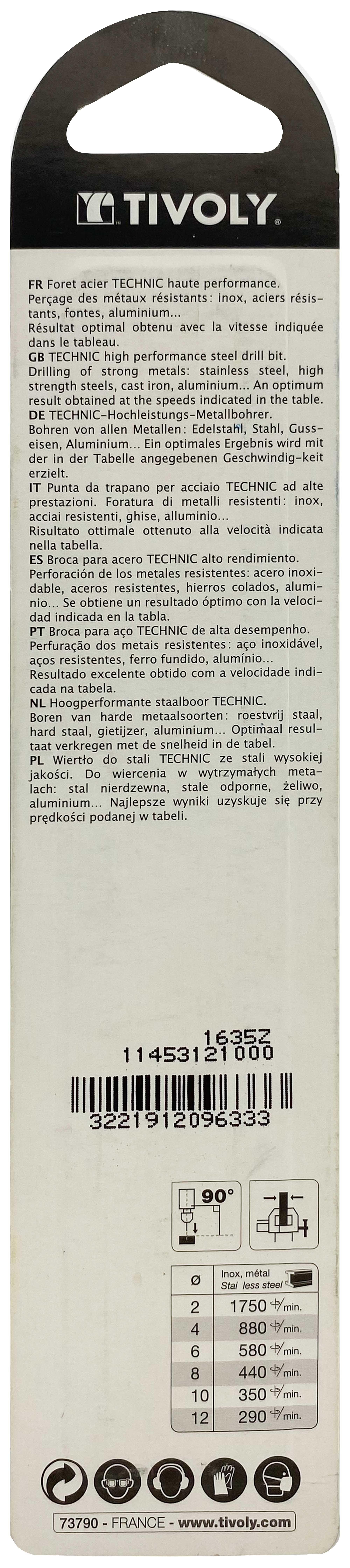 Foret métaux taillé meulé HSS -Revêtu en bout TiN -DIN338 -h8 -Pointe en croix -Queue à 3 méplats Ø: 10 L: 133 TIVOLY - 11453121000