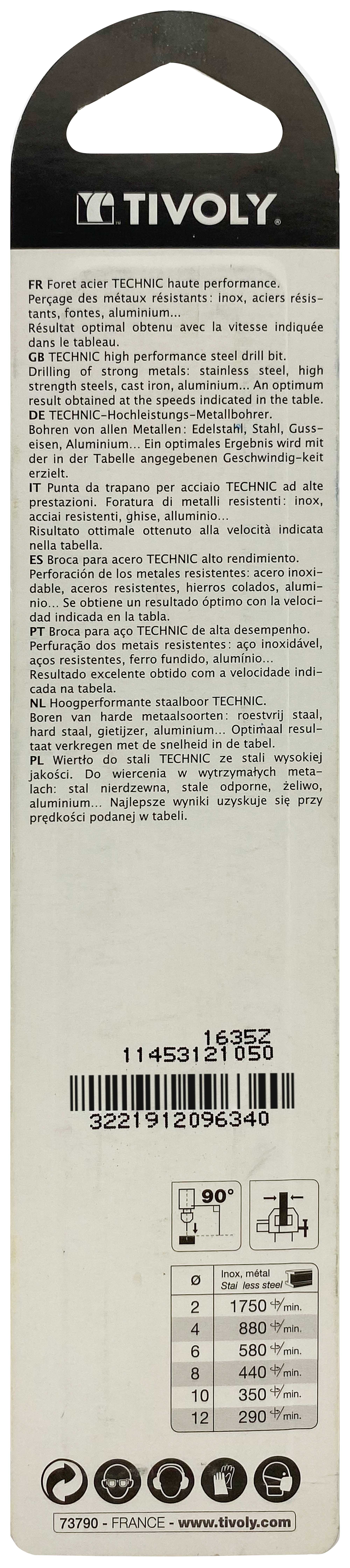 Foret métaux taillé meulé HSS -Revêtu en bout TiN -DIN338 -h8 -Pointe en croix -Queue à 3 méplats Ø: 10.5 L: 133 TIVOLY - 11453121050