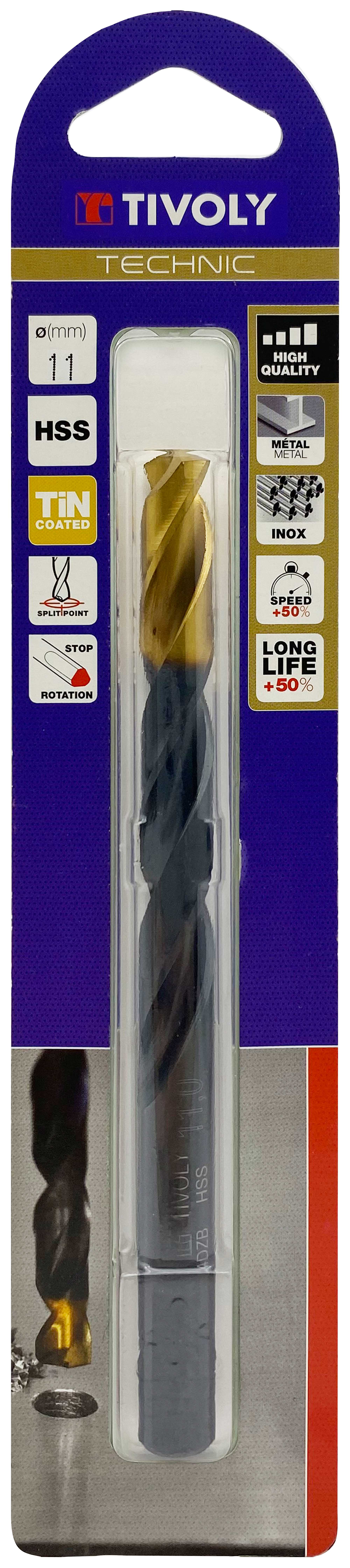 Foret métaux taillé meulé HSS -Revêtu en bout TiN -DIN338 -h8 -Pointe en croix -Queue à 3 méplats Ø: 11 L: 142 TIVOLY - 11453121100