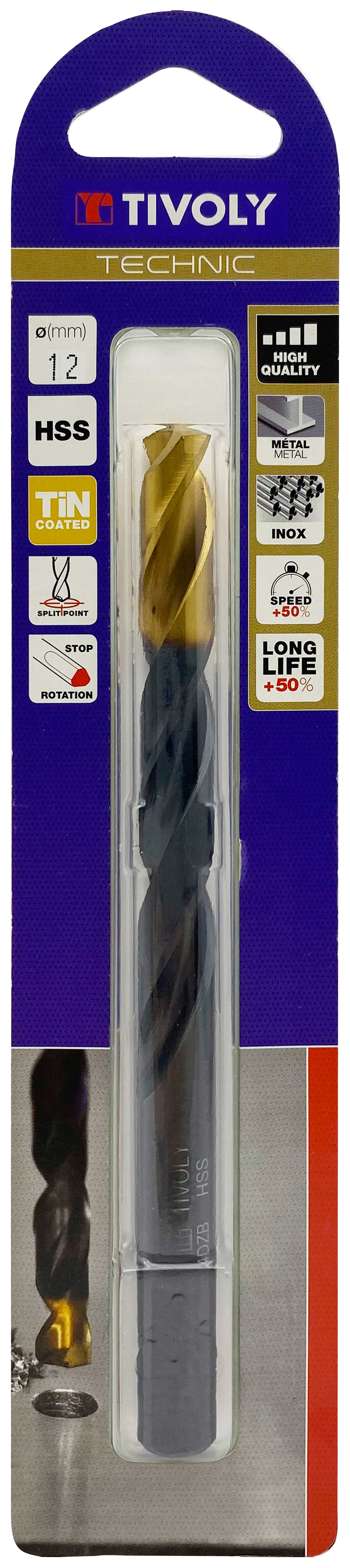 Foret métaux taillé meulé HSS -Revêtu en bout TiN -DIN338 -h8 -Pointe en croix -Queue à 3 méplats Ø: 12 L: 151 TIVOLY - 11453121200