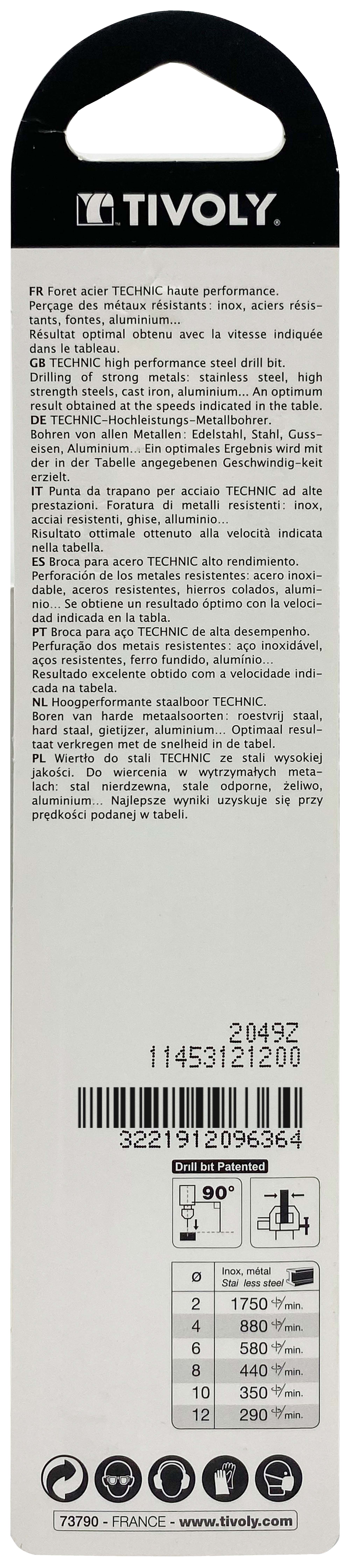 Foret métaux taillé meulé HSS -Revêtu en bout TiN -DIN338 -h8 -Pointe en croix -Queue à 3 méplats Ø: 12 L: 151 TIVOLY - 11453121200