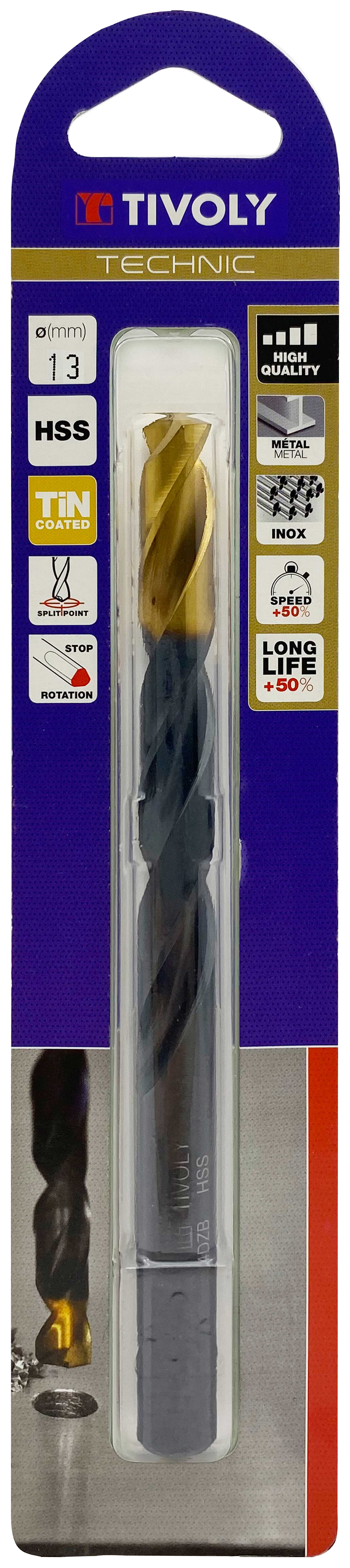 Foret métaux taillé meulé HSS -Revêtu en bout TiN -DIN338 -h8 -Pointe en croix -Queue à 3 méplats Ø: 13 L: 151 TIVOLY - 11453121300