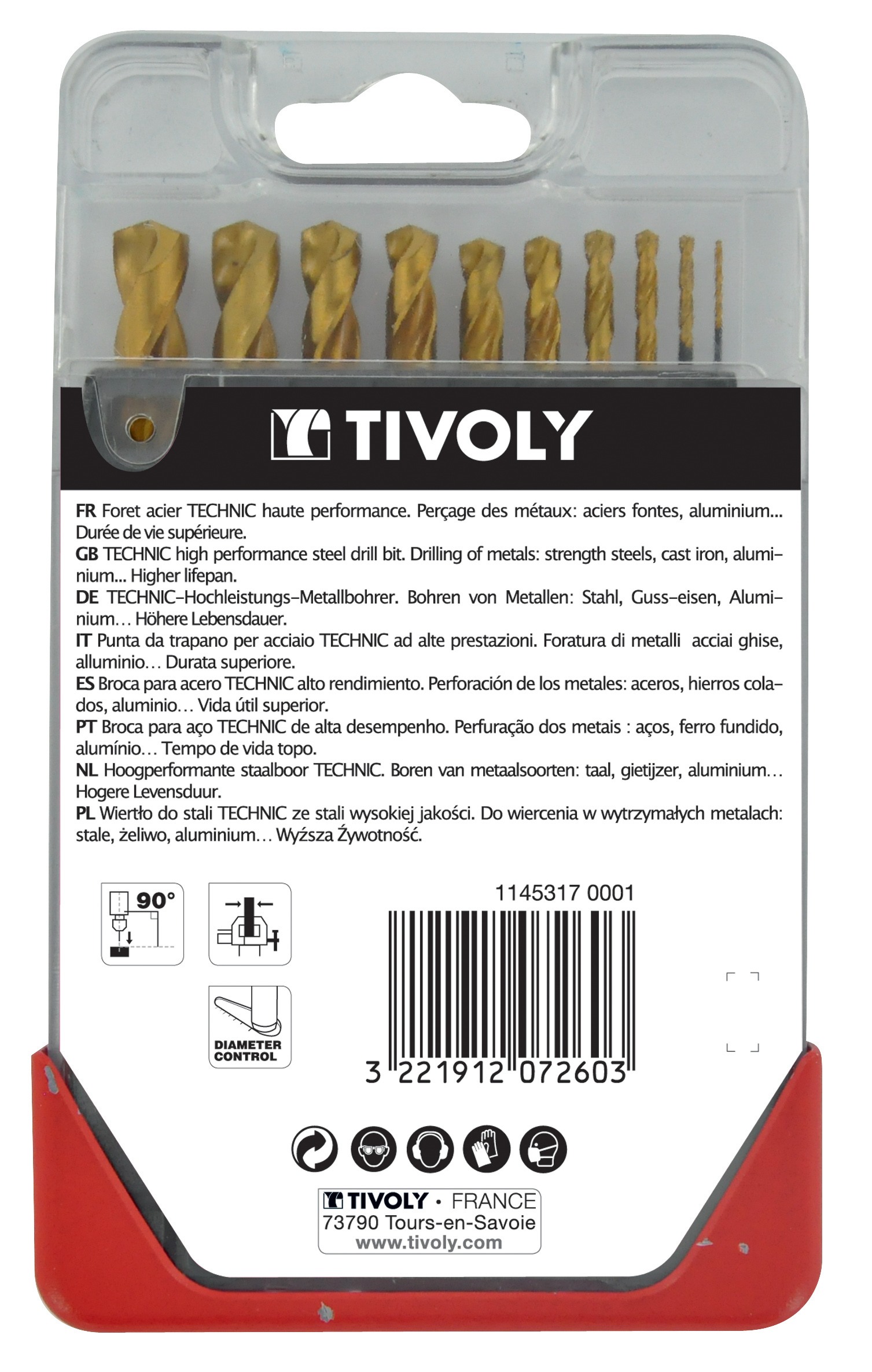 10 forets métaux HSS STEAM revêtus TiN taillés meulés pointe en croix queue à 3 méplats Ø 1 à 10mm TIVOLY - 11453170001