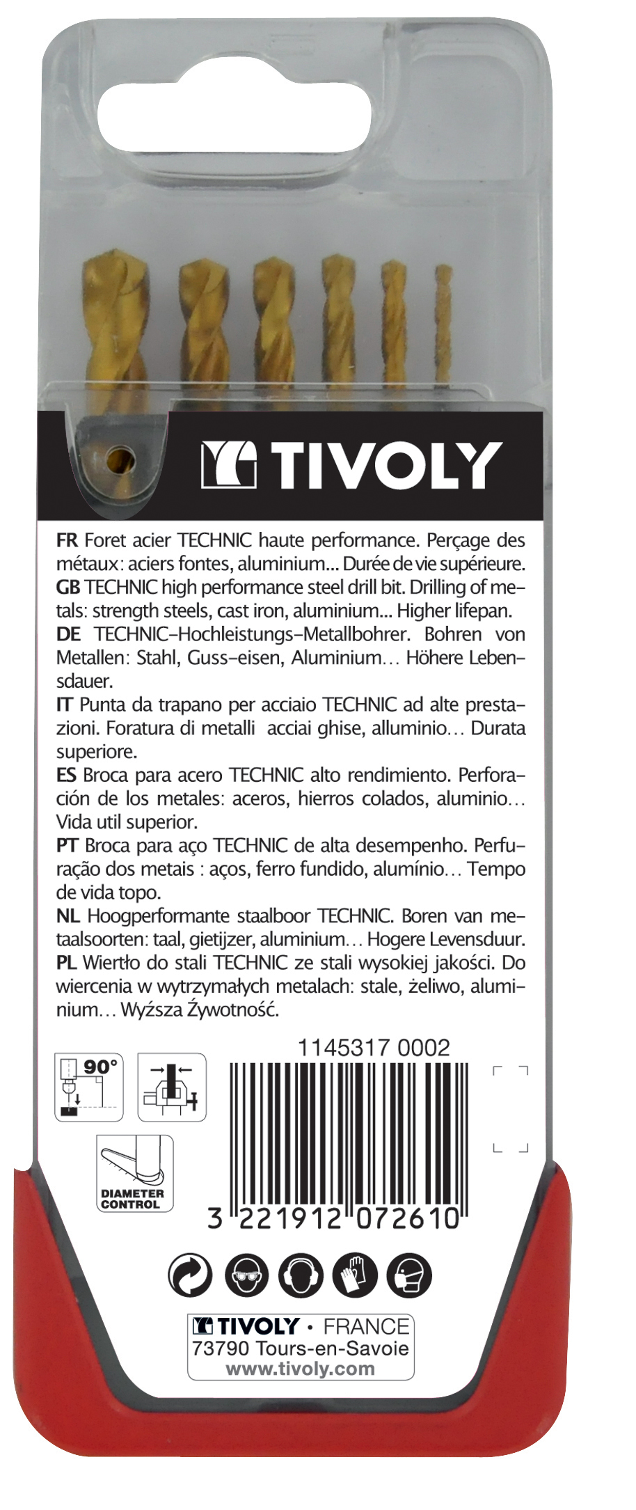 6 forets métaux HSS STEAM revêtus TiN taillés meulés pointe en croix queue à 3 méplats Ø 2 à 8mm TIVOLY - 11453170002