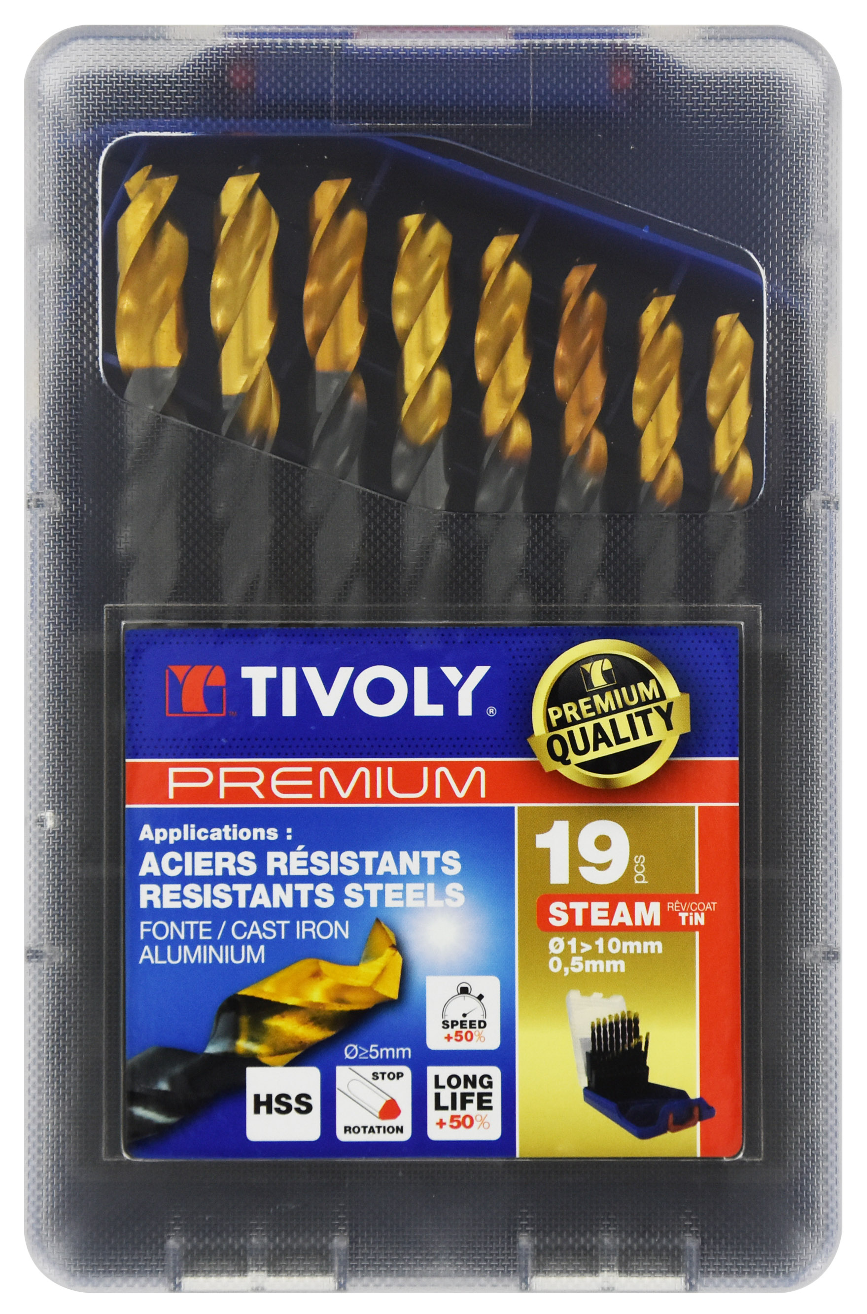 19 forets métaux HSS STEAM revêtus TiN taillés meulés pointe en croix queue à 3 méplats Ø 1 à 10mm TIVOLY - 11453170015