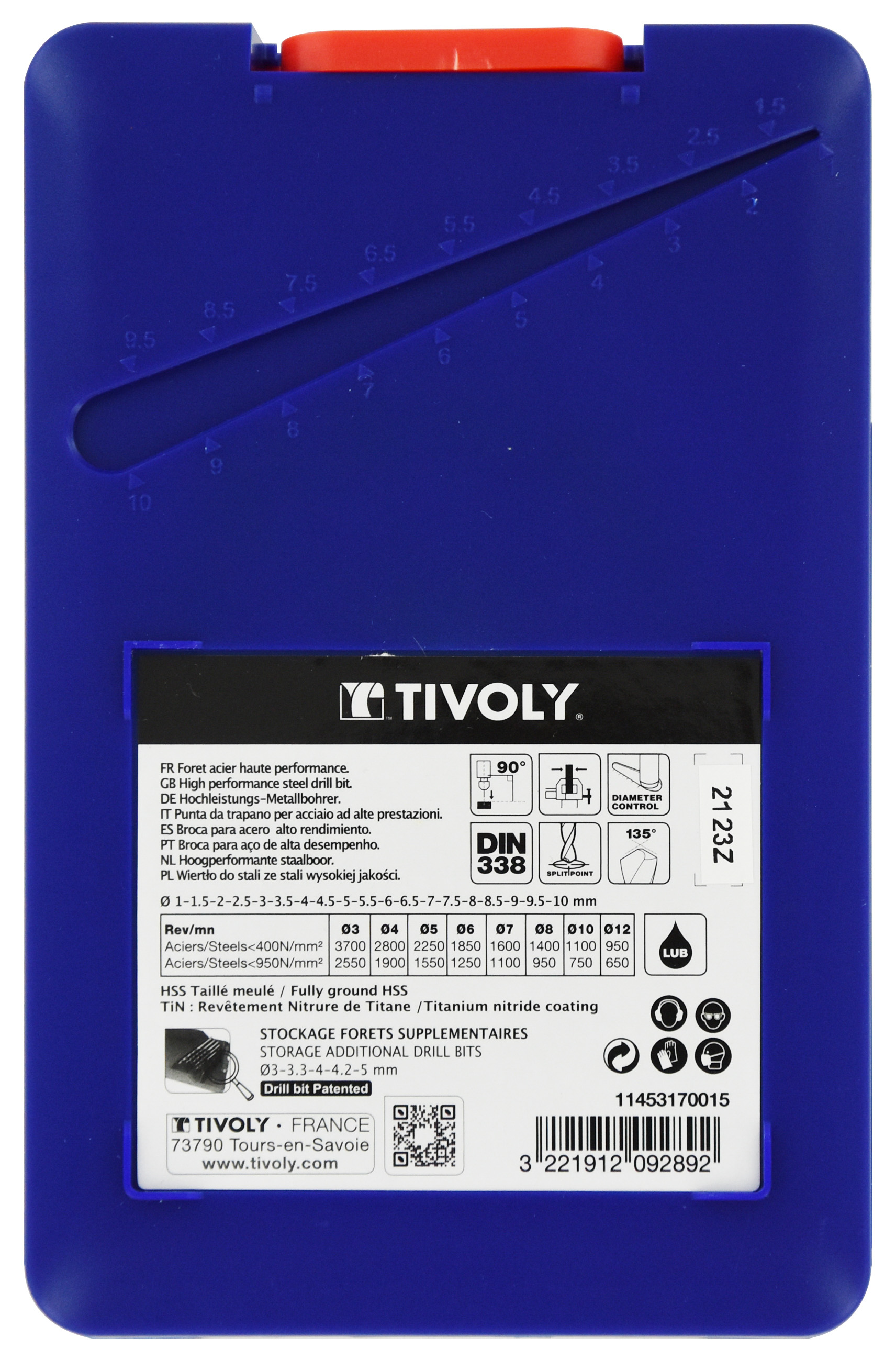 19 forets métaux HSS STEAM revêtus TiN taillés meulés pointe en croix queue à 3 méplats Ø 1 à 10mm TIVOLY - 11453170015