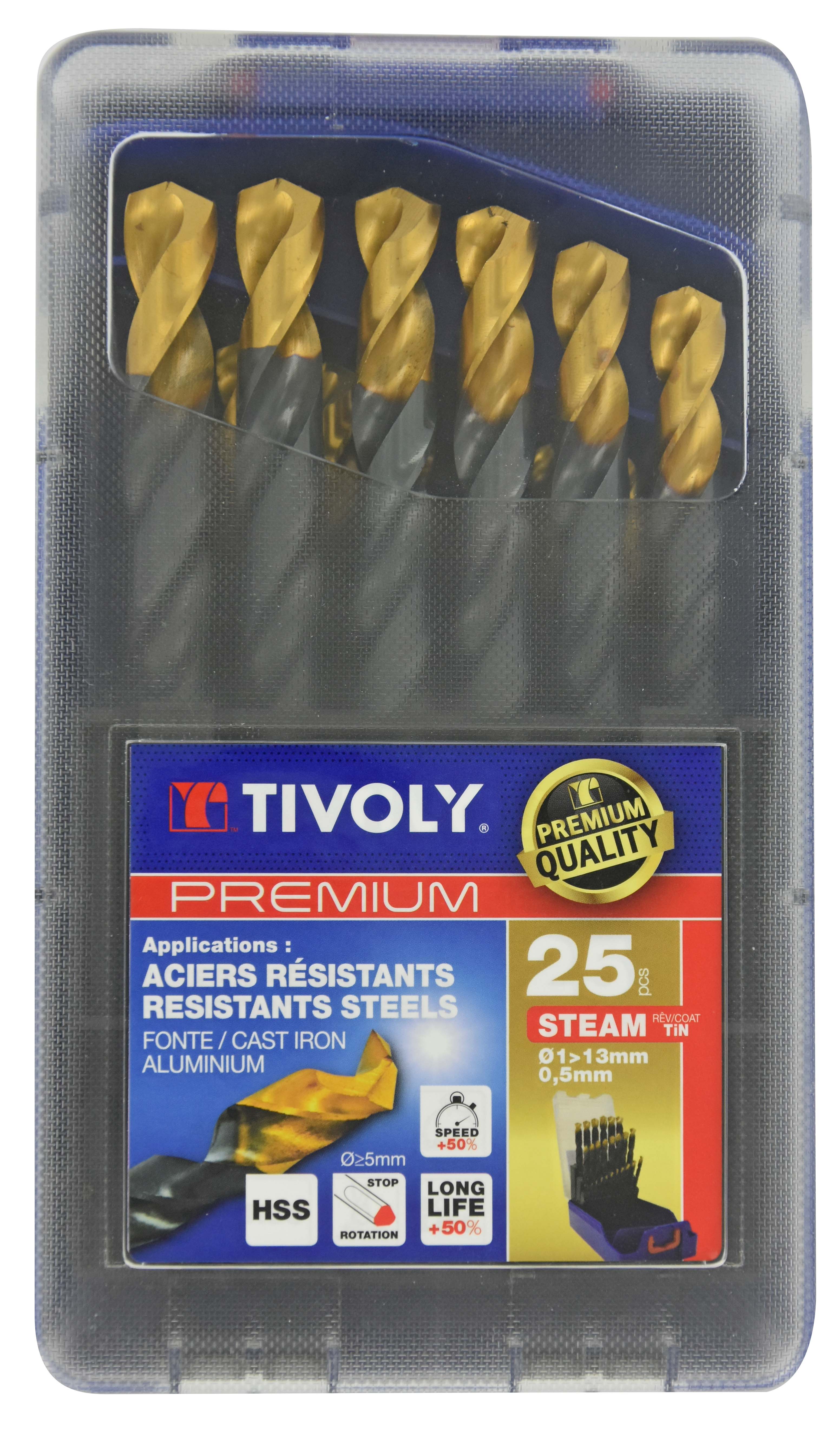 25 forets métaux HSS STEAM revêtus TiN taillés meulés pointe en croix queue à 3 méplats Ø 1 à 13mm TIVOLY - 11453170017