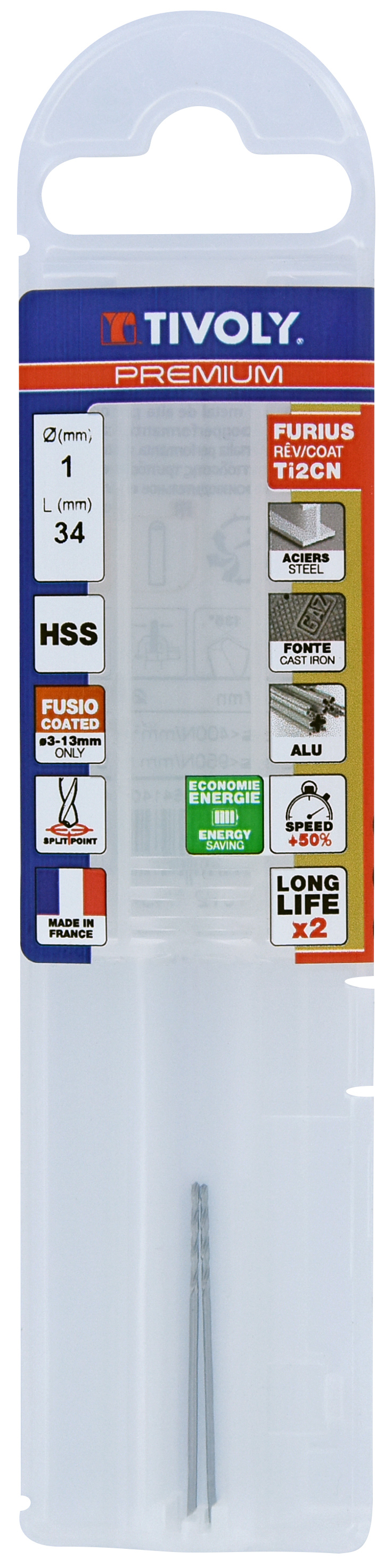 Foret métaux HSS taillé meulé FURIUS -Pointe en croix PREMIUM / L: 34 Ø: 1 TIVOLY - 11454140100