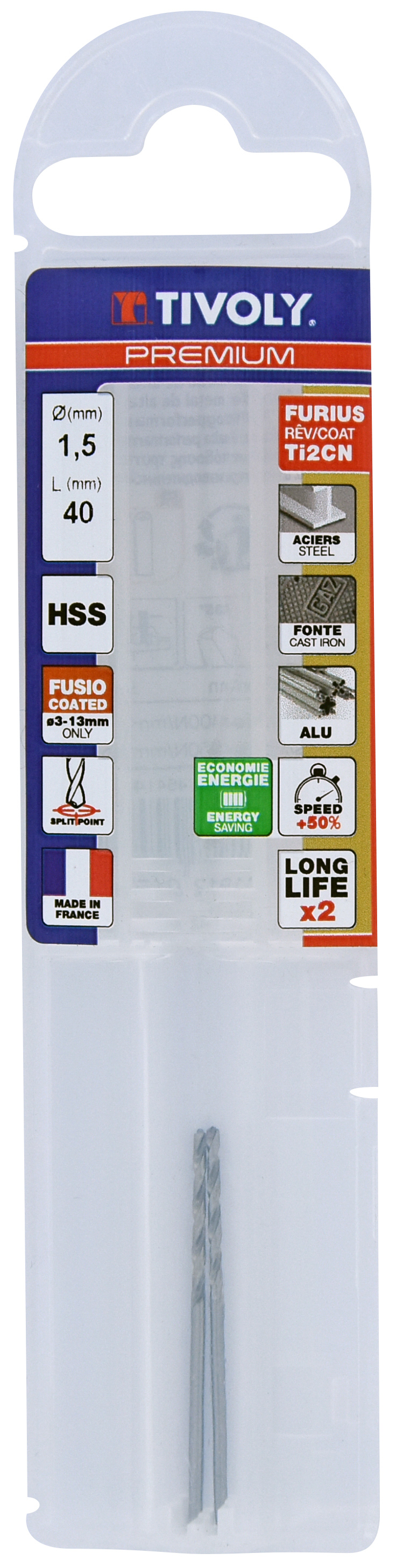 Foret métaux HSS taillé meulé FURIUS -Pointe en croix PREMIUM / L: 40 Ø: 1.5 TIVOLY - 11454140150