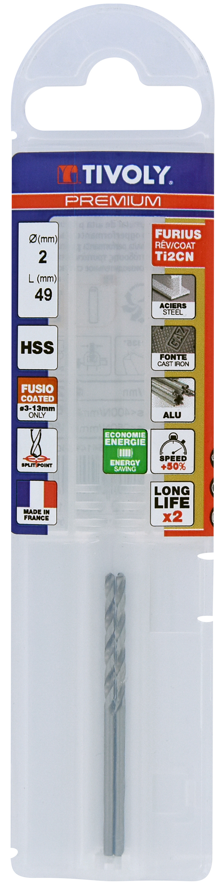 Foret métaux HSS taillé meulé FURIUS -Pointe en croix PREMIUM / L: 49 Ø: 2 TIVOLY - 11454140200