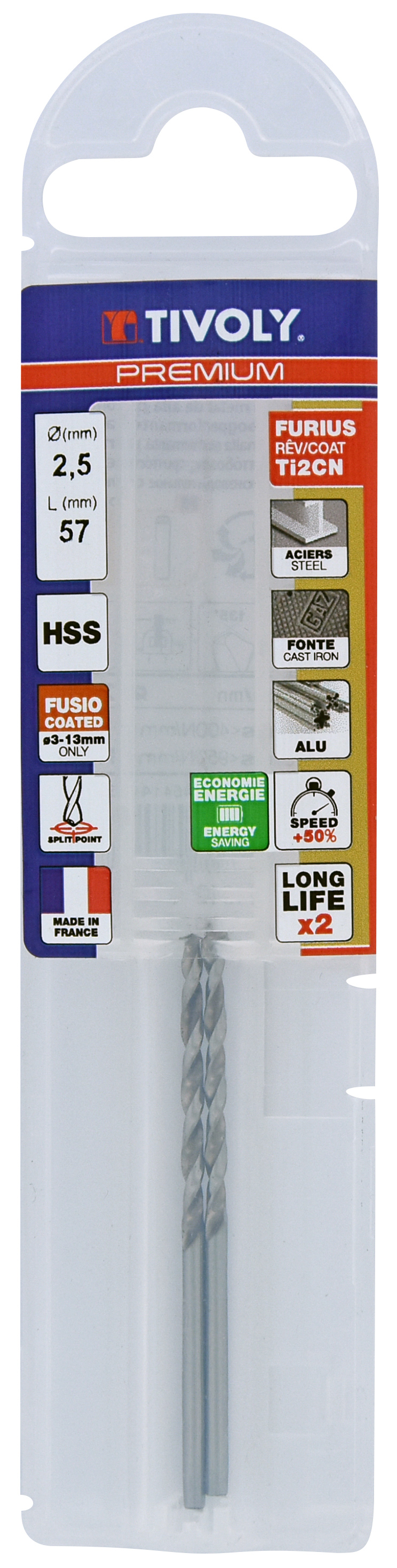 Foret métaux HSS taillé meulé FURIUS -Pointe en croix PREMIUM / L: 57 Ø: 2.5 TIVOLY - 11454140250