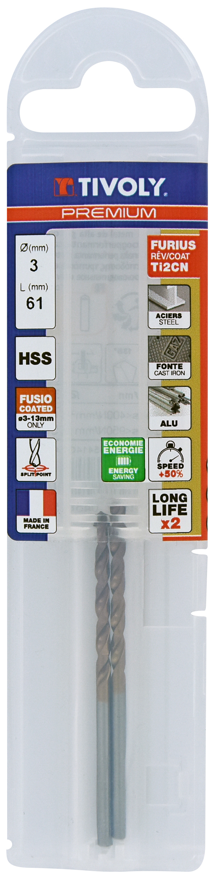 Foret métaux FURIUS taillé meulé HSS -Revêtu FUSIO -DIN338 -h8 -Pointe en croix Ø: 3 L: 61 TIVOLY - 11454140300