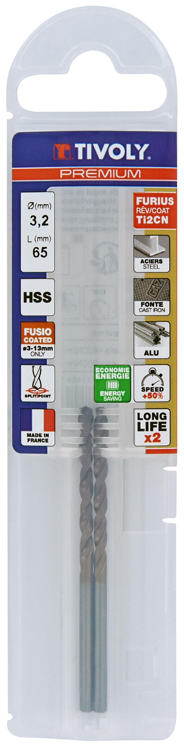 Foret métaux FURIUS taillé meulé HSS -Revêtu FUSIO -DIN338 -h8 -Pointe en croix Ø: 3.2 L: 65 TIVOLY - 11454140320