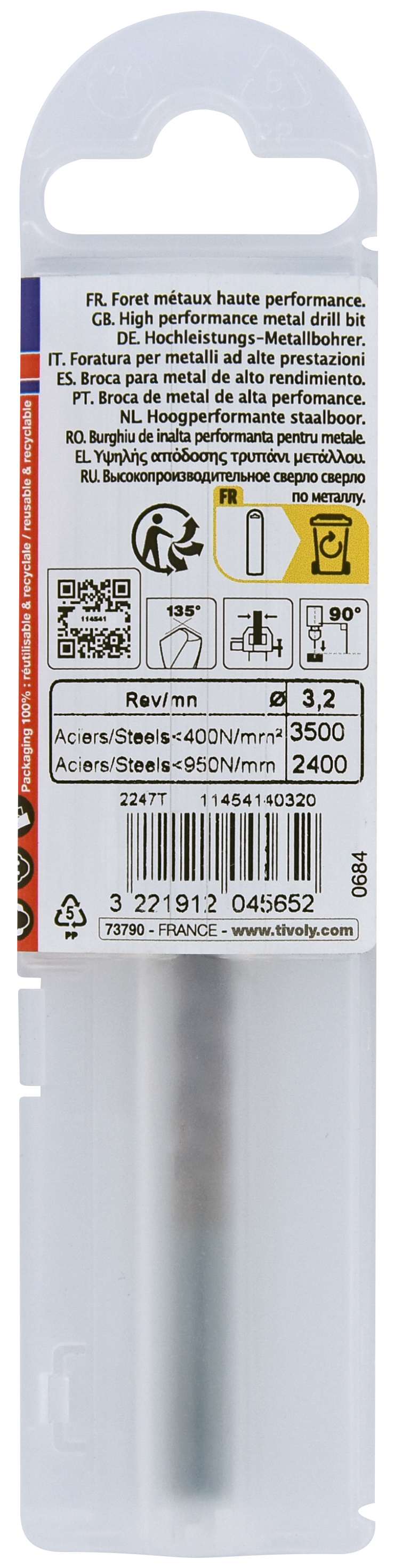 Foret métaux FURIUS taillé meulé HSS -Revêtu FUSIO -DIN338 -h8 -Pointe en croix Ø: 3.2 L: 65 TIVOLY - 11454140320