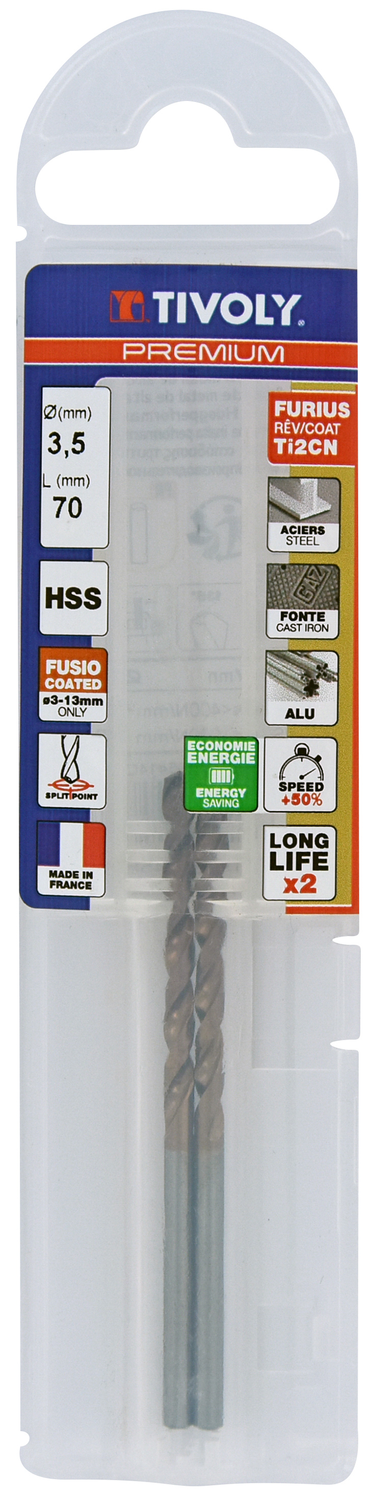 Foret métaux FURIUS taillé meulé HSS -Revêtu FUSIO -DIN338 -h8 -Pointe en croix Ø: 3.5 L: 70 TIVOLY - 11454140350