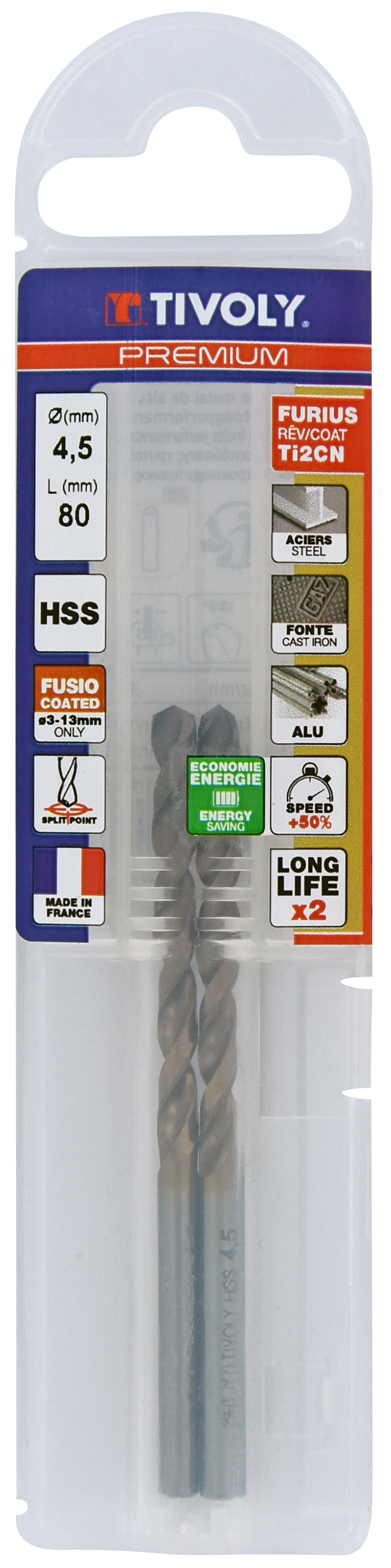 Foret métaux FURIUS taillé meulé HSS -Revêtu FUSIO -DIN338 -h8 -Pointe en croix Ø: 4.5 L: 80 TIVOLY - 11454140450