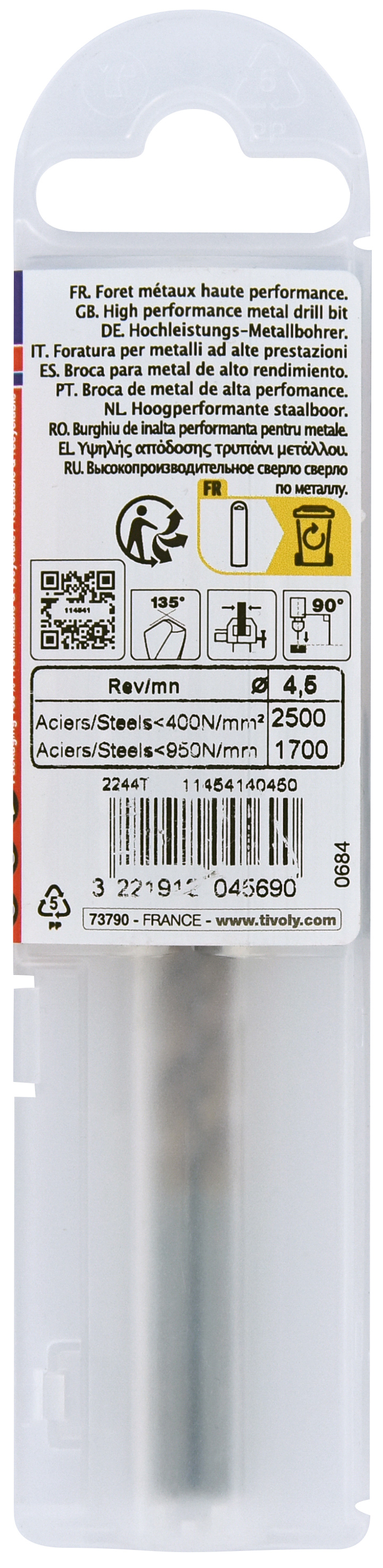 Foret métaux FURIUS taillé meulé HSS -Revêtu FUSIO -DIN338 -h8 -Pointe en croix Ø: 4.5 L: 80 TIVOLY - 11454140450