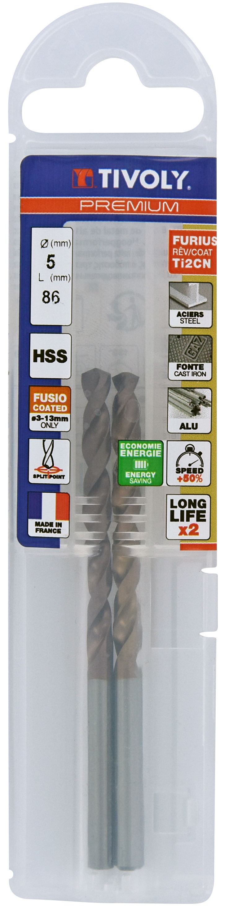 Foret métaux FURIUS taillé meulé HSS -Revêtu FUSIO -DIN338 -h8 -Pointe en croix Ø: 5 L: 86 TIVOLY - 11454140500